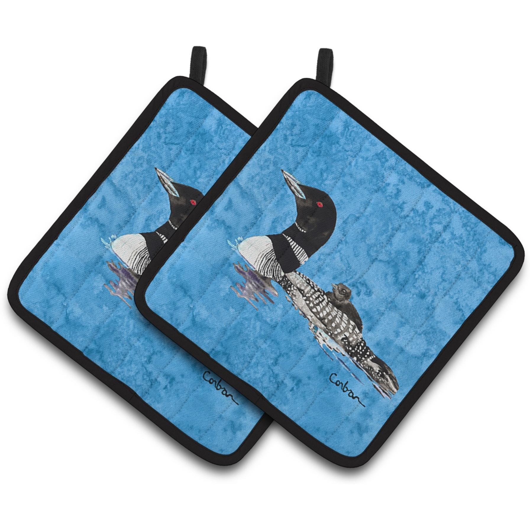 &quotCaroline's Treasures Momma & Baby Loon Pair of Pot Holders 8718PTHD, 7.5HX7.5W, Multicolor"