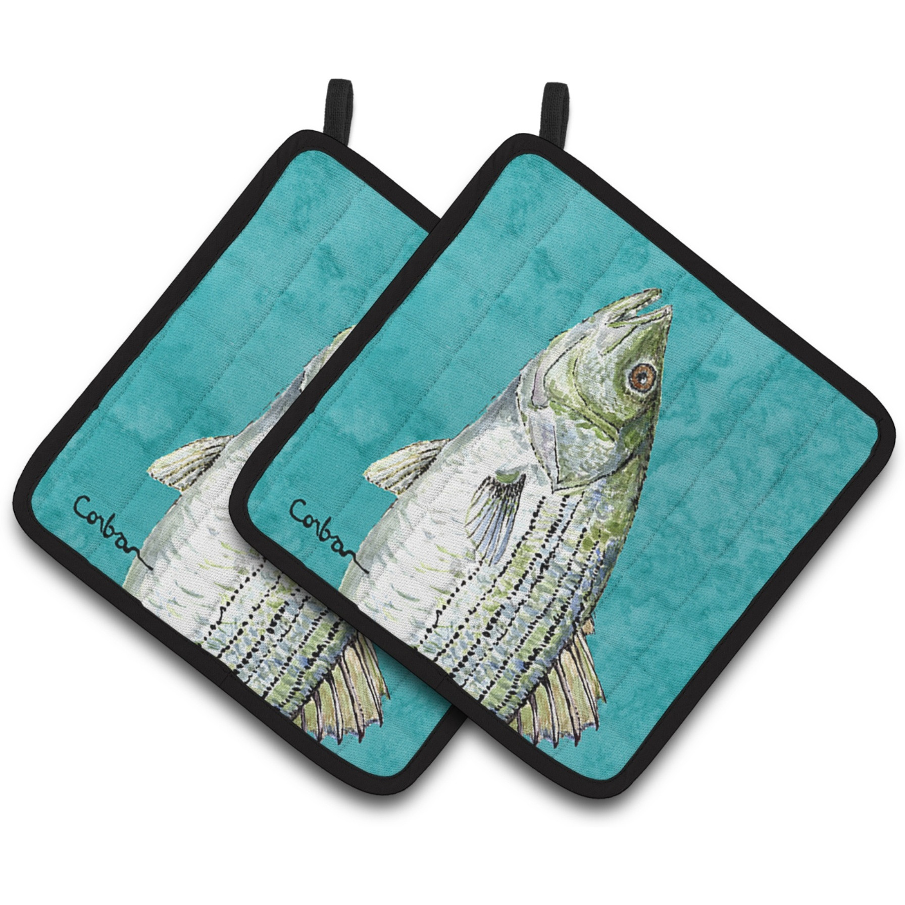 &quotCaroline's Treasures Striped Bass Fish Pair of Pot Holders 8720PTHD, 7.5HX7.5W, Multicolor"