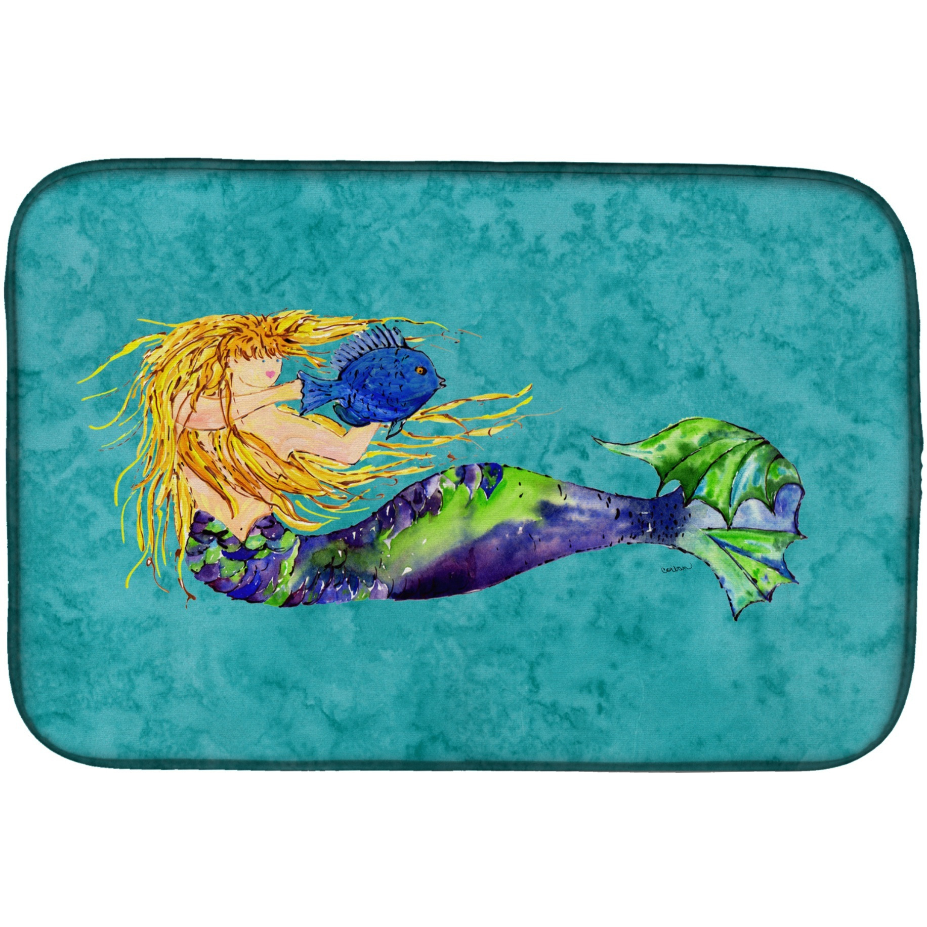&quotCaroline's Treasures Blonde Mermaid On Teal Dish Drying Mat, 14"" x 21"", Multicolor"