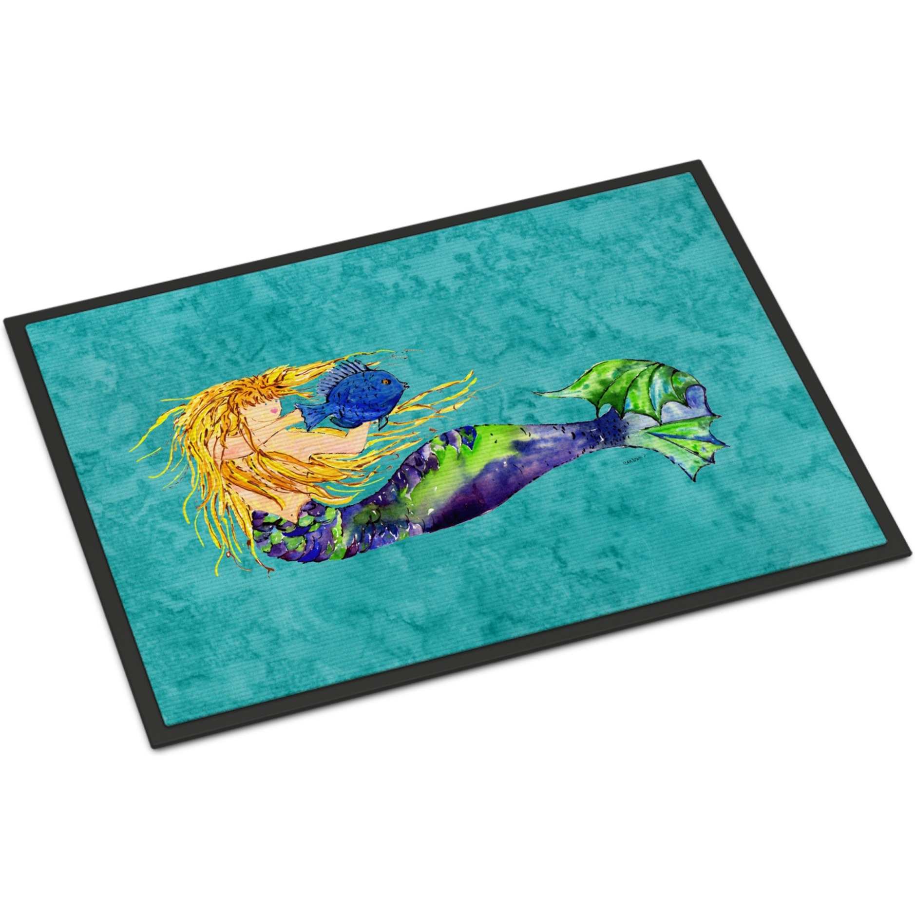 &quotCaroline's Treasures 8724MAT Blonde Mermaid on Teal Indoor or Outdoor Mat, 18 x 27"", Multicolor"