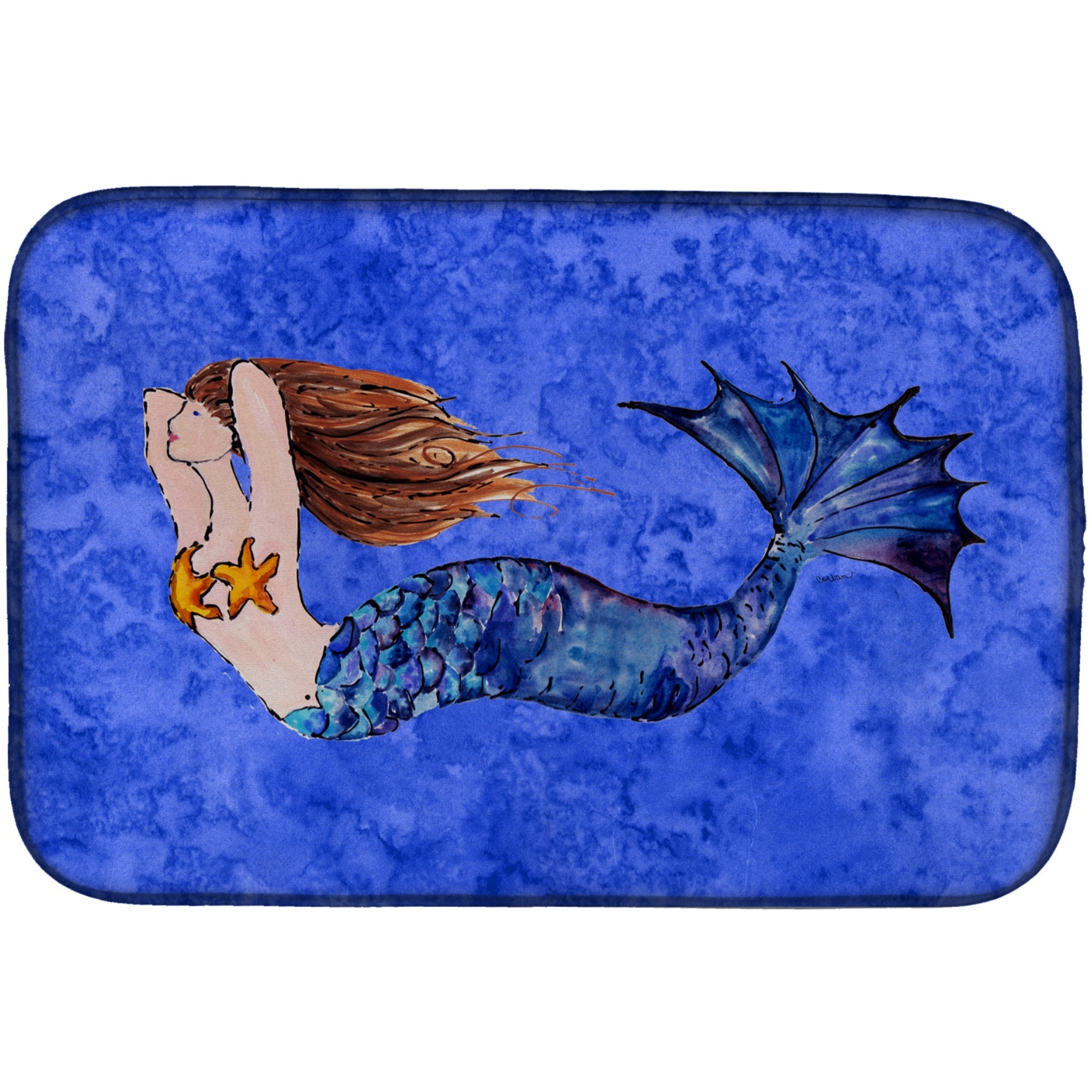 &quotCaroline's Treasures Brunette Mermaid On Blue Dish Drying Mat, 14"" x 21"", Multicolor"