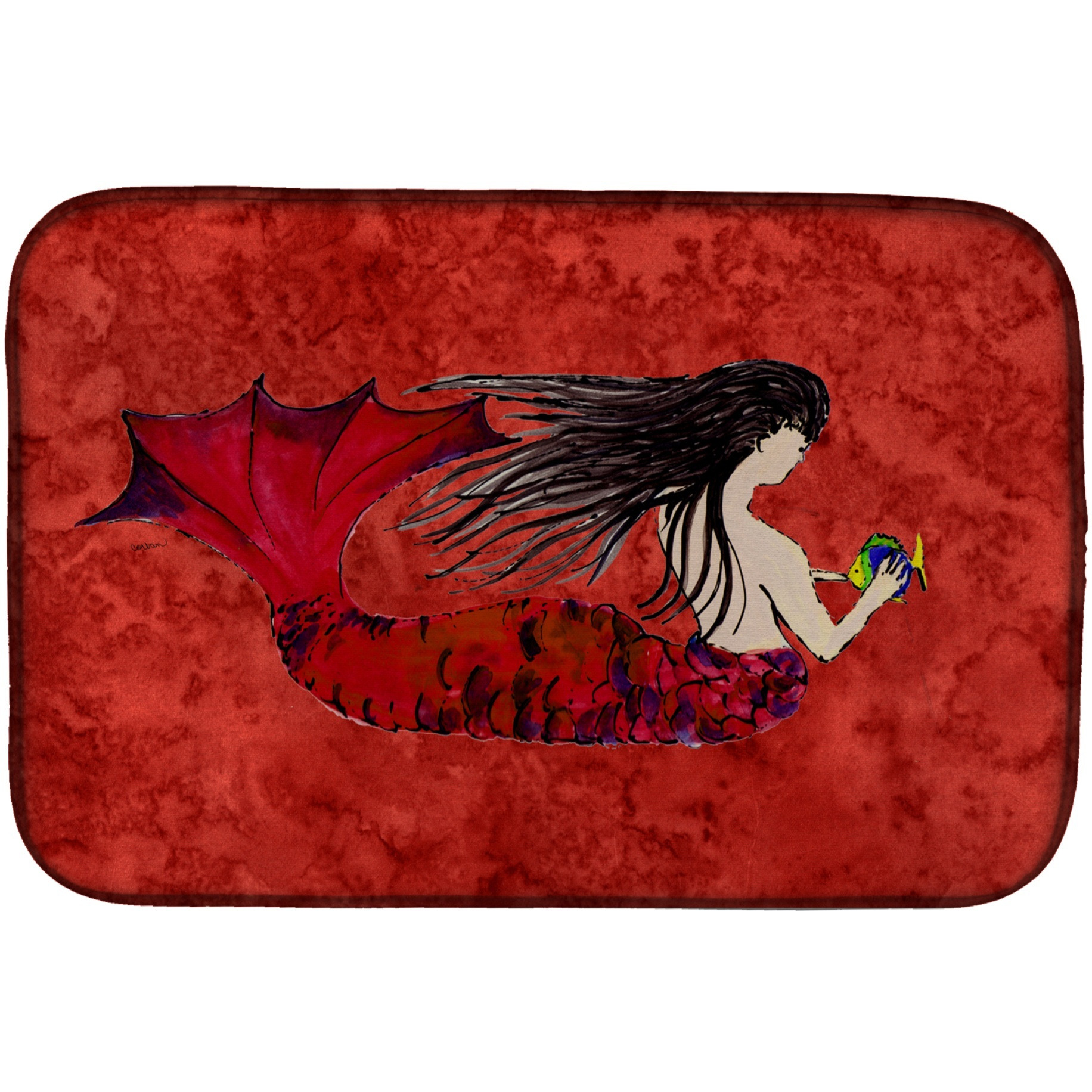 &quotCaroline's Treasures Black Haired Mermaid on Red Dish Drying Mat, 14 x 21, Multicolor"