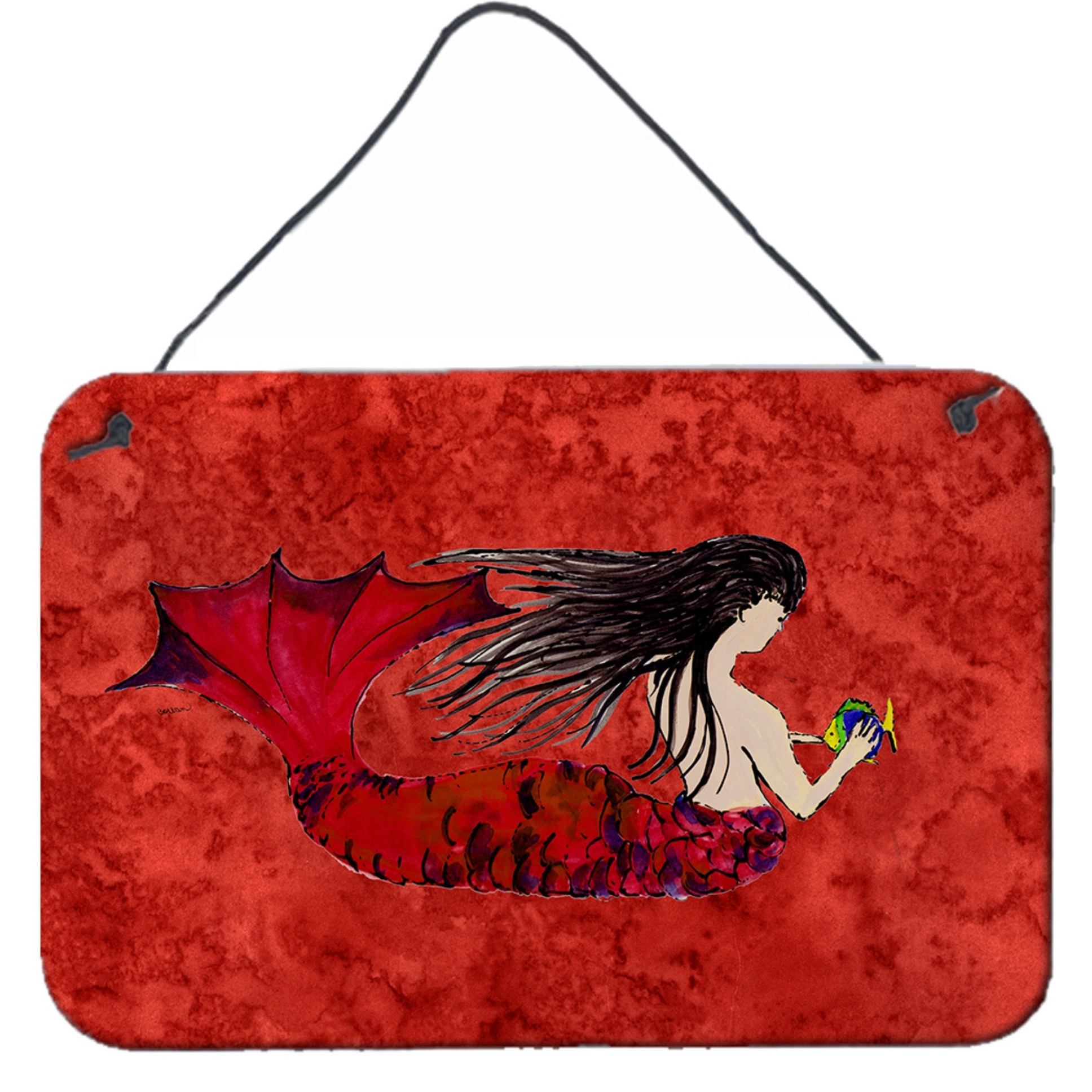 &quotCaroline's Treasures 8726DS812 Black Haired Mermaid on Red Wall or Door Hanging Prints, 8 x 12"", Multicolor"