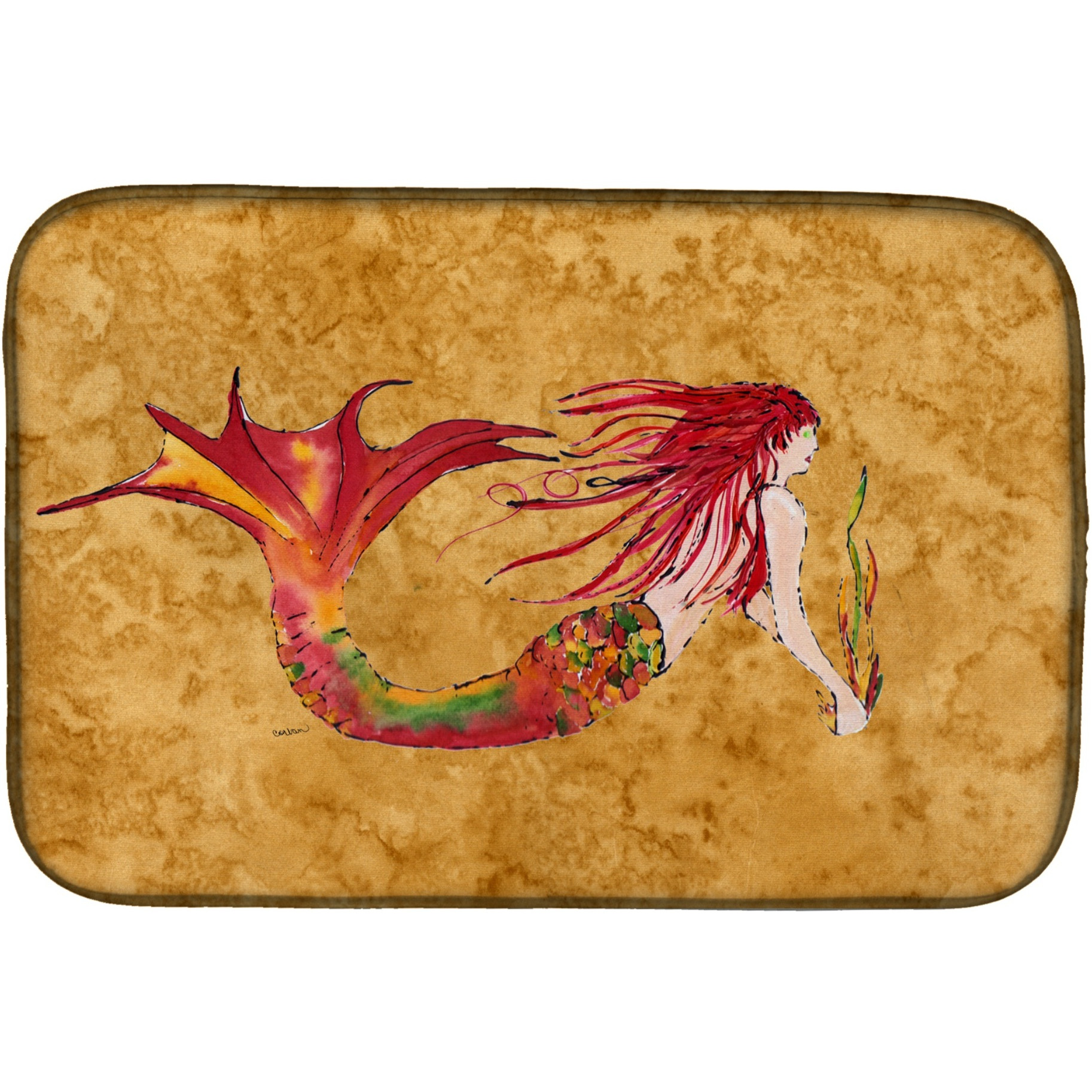 &quotCaroline's Treasures Ginger Red Headed Mermaid On Gold Dish Drying Mat, 14"" x 21"", Multicolor"