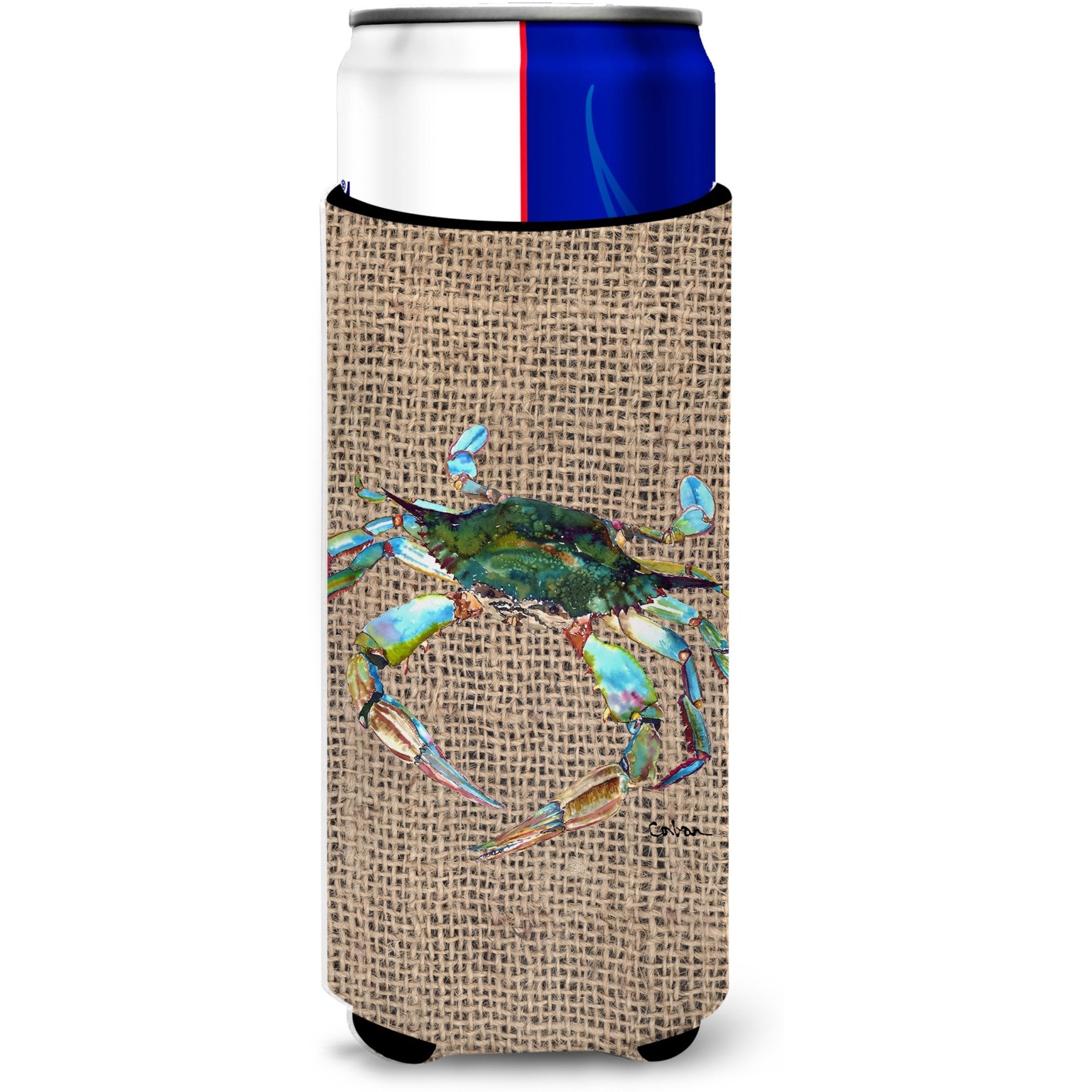 Blue Crab on Faux Burlap Ultra Beverage Insulators for slim cans 8731MUK