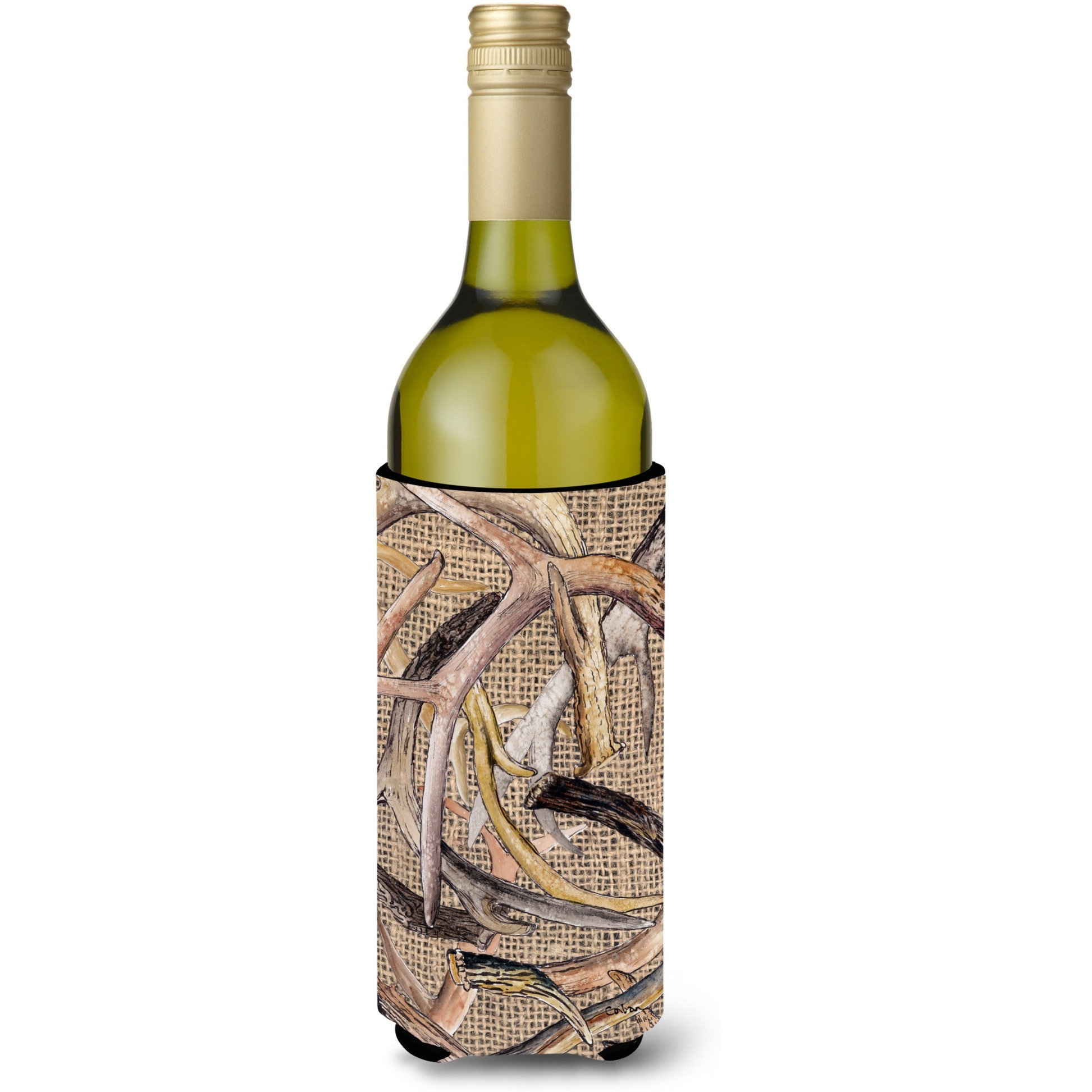 Deer Horns  on Faux Burlap Wine Bottle Beverage Insulator Beverage Insulator Hugger