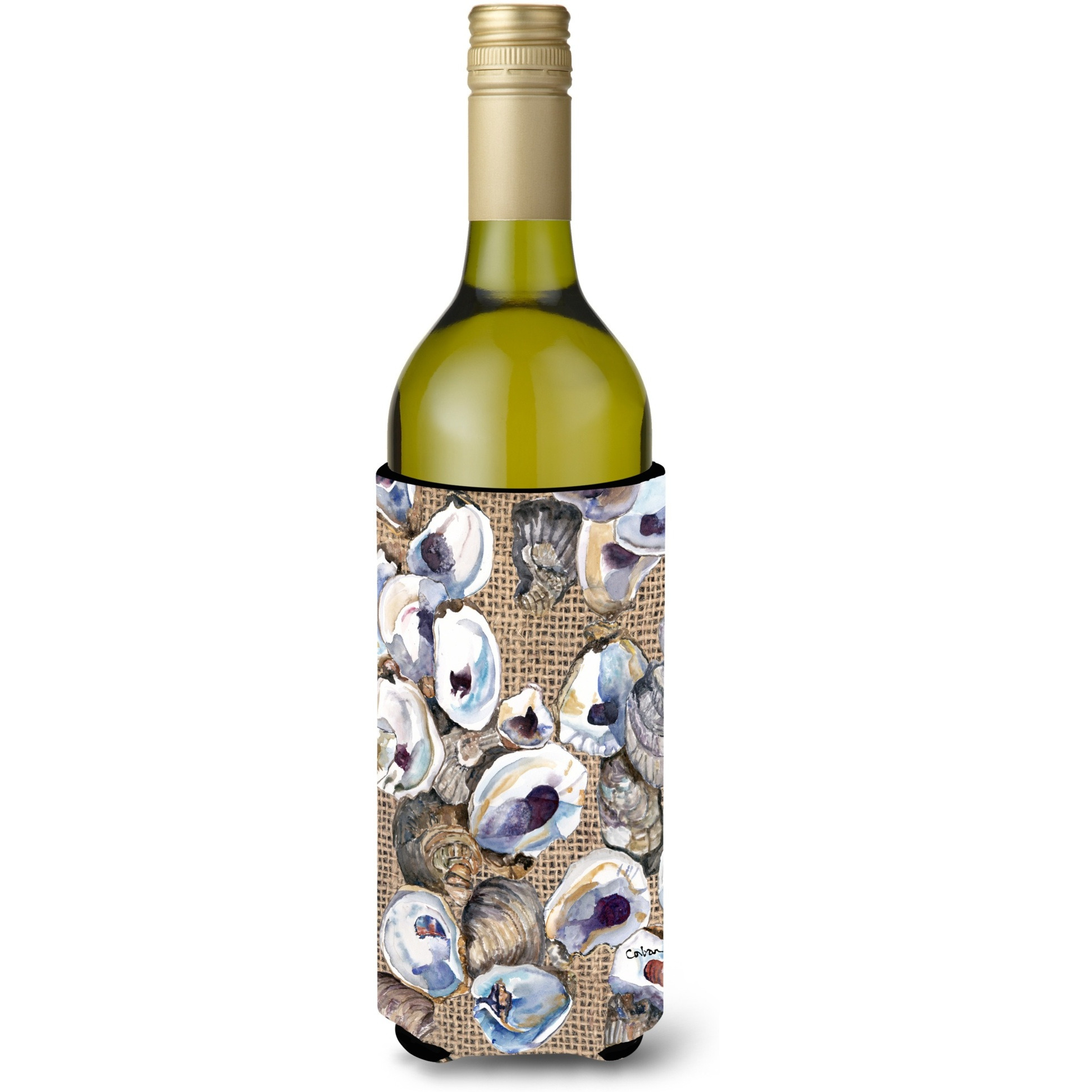 Oyster  on Faux Burlap Wine Bottle Beverage Insulator Beverage Insulator Hugger