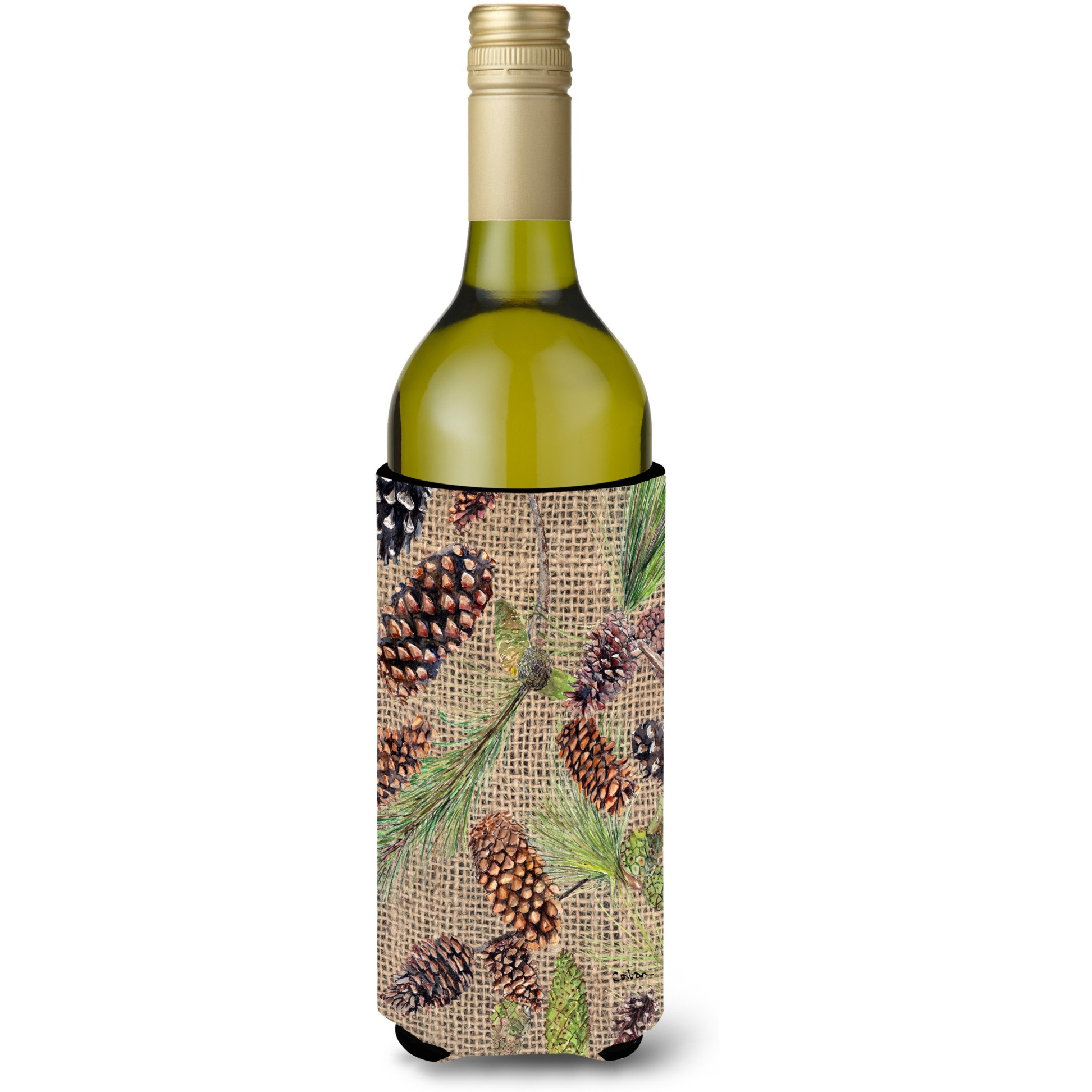Pine Cones  on Faux Burlap Wine Bottle Beverage Insulator Beverage Insulator Hugger