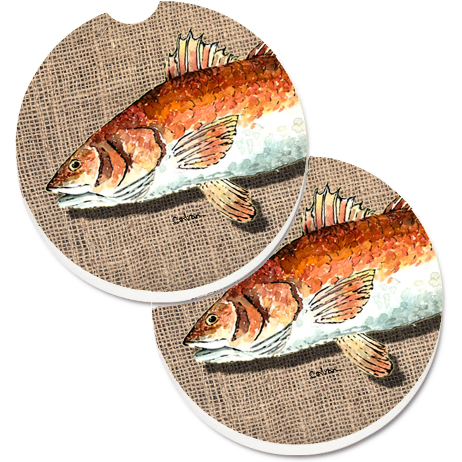 &quotCaroline's Treasures Red Fish Set of 2 Cup Holder Car Coasters 8736CARC, 2.56, Multicolor"
