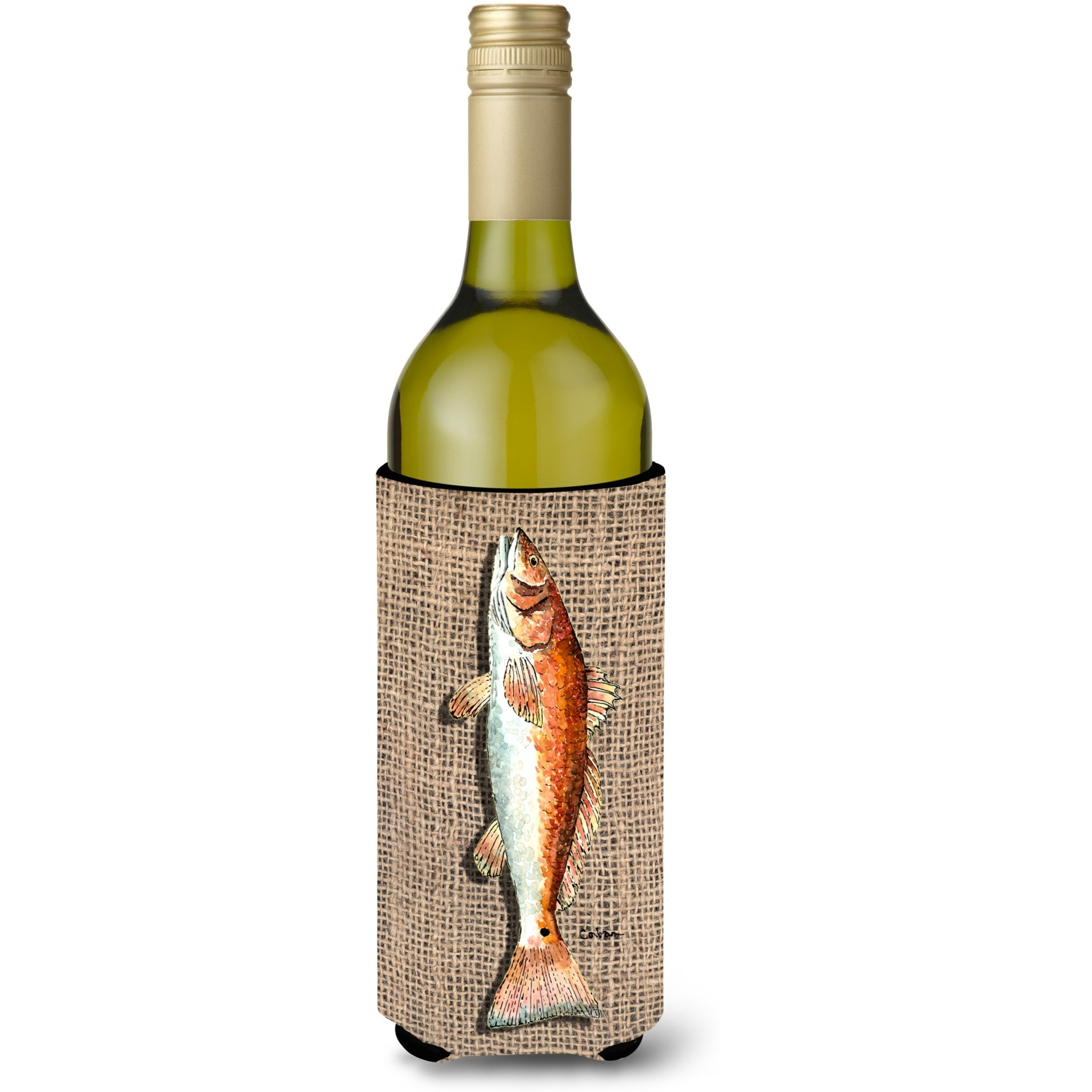 Fish Red Fish  on Faux Burlap Wine Bottle Beverage Insulator Beverage Insulator Hugger