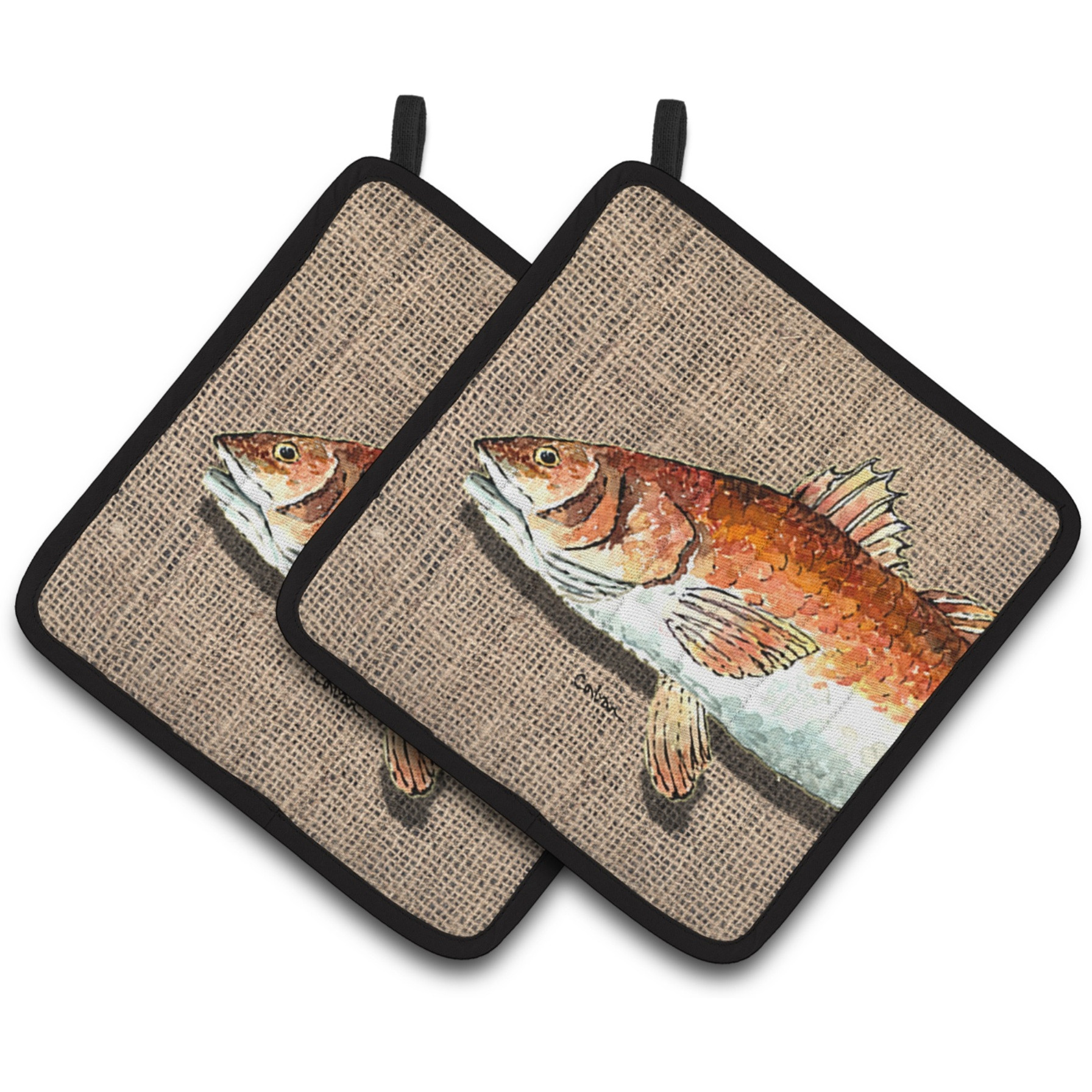 &quotCaroline's Treasures Red Fish Pair of Pot Holders 8736PTHD, 7.5HX7.5W, Multicolor"