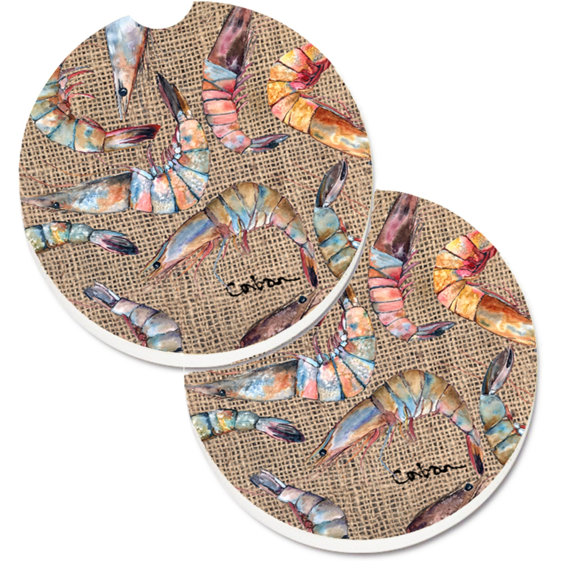 &quotCaroline's Treasures Shrimp Set of 2 Cup Holder Car Coasters 8738CARC, 2.56, Multicolor"