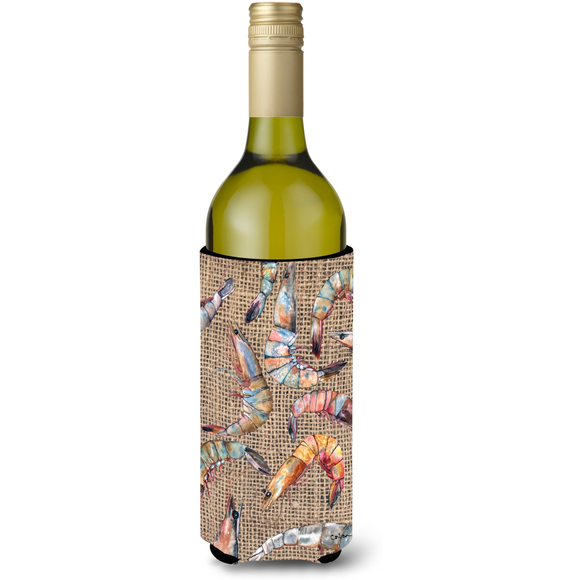 Shrimp  on Faux Burlap Wine Bottle Beverage Insulator Beverage Insulator Hugger