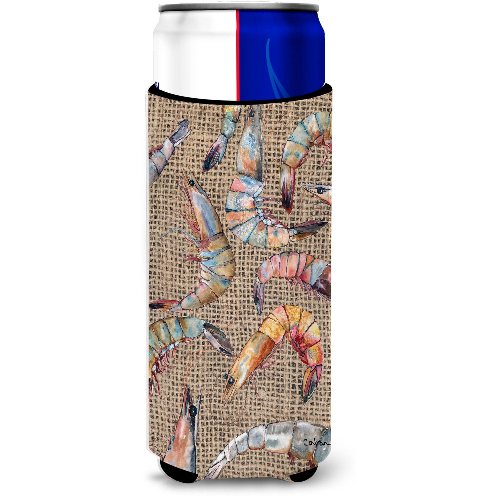 Shrimp  on Faux Burlap Ultra Beverage Insulators for slim cans 8738MUK