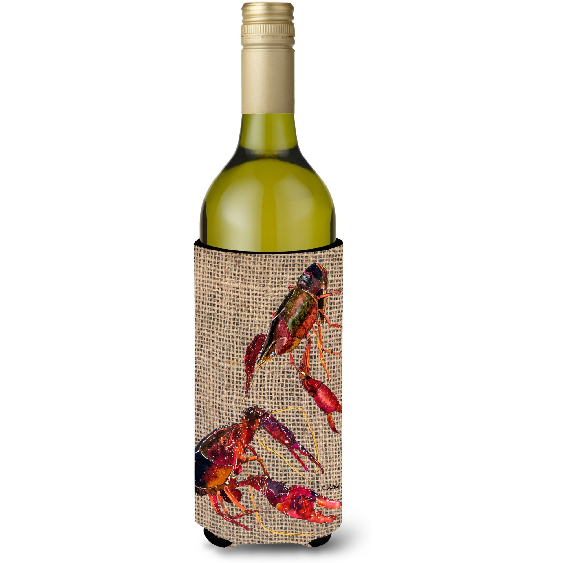 Crawfish  on Faux Burlap Wine Bottle Beverage Insulator Beverage Insulator Hugger