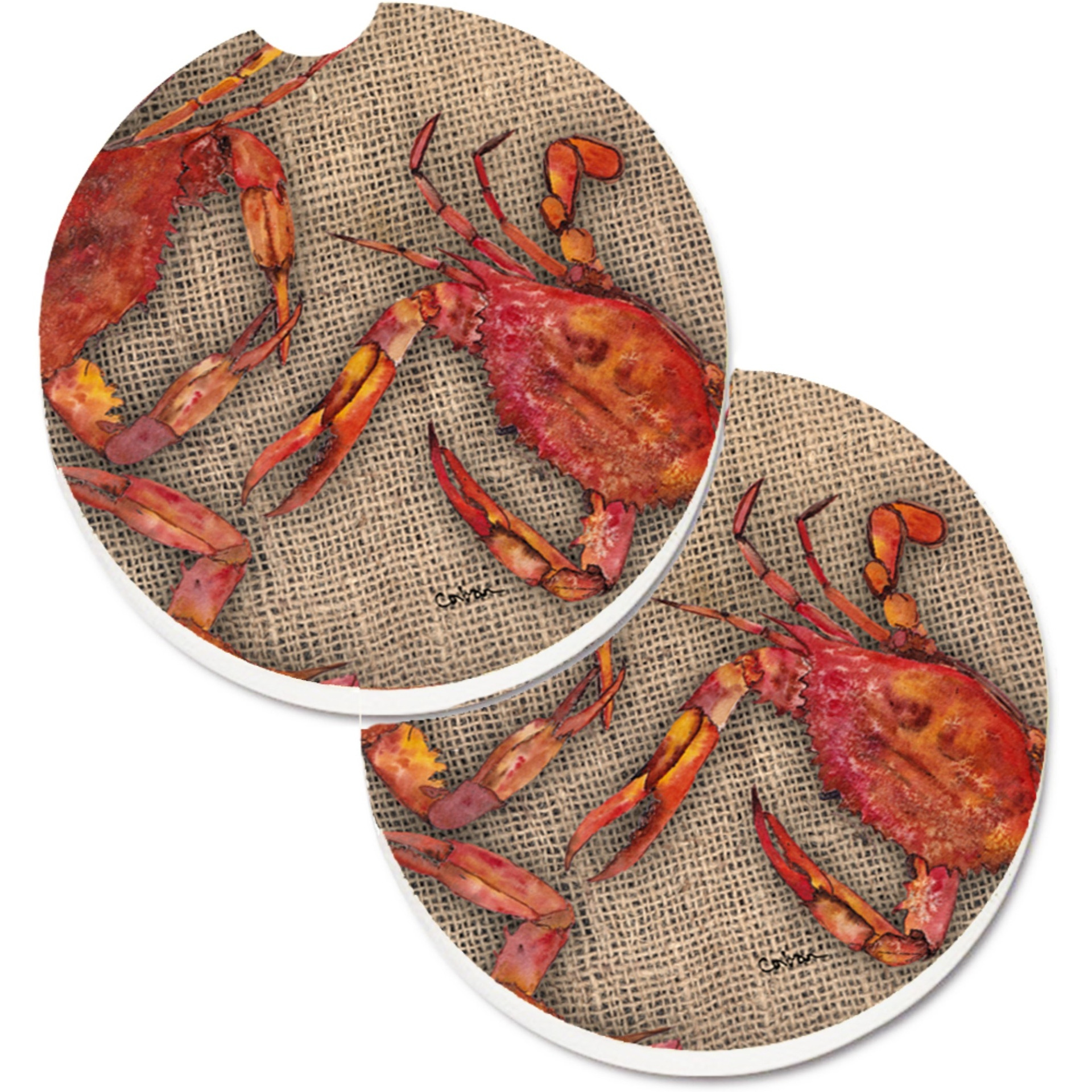 &quotCaroline's Treasures Cooked Crabs On Faux Burlap Set of 2 Cup Holder Car Coasters 8742CARC, 2.56, Multicolor"