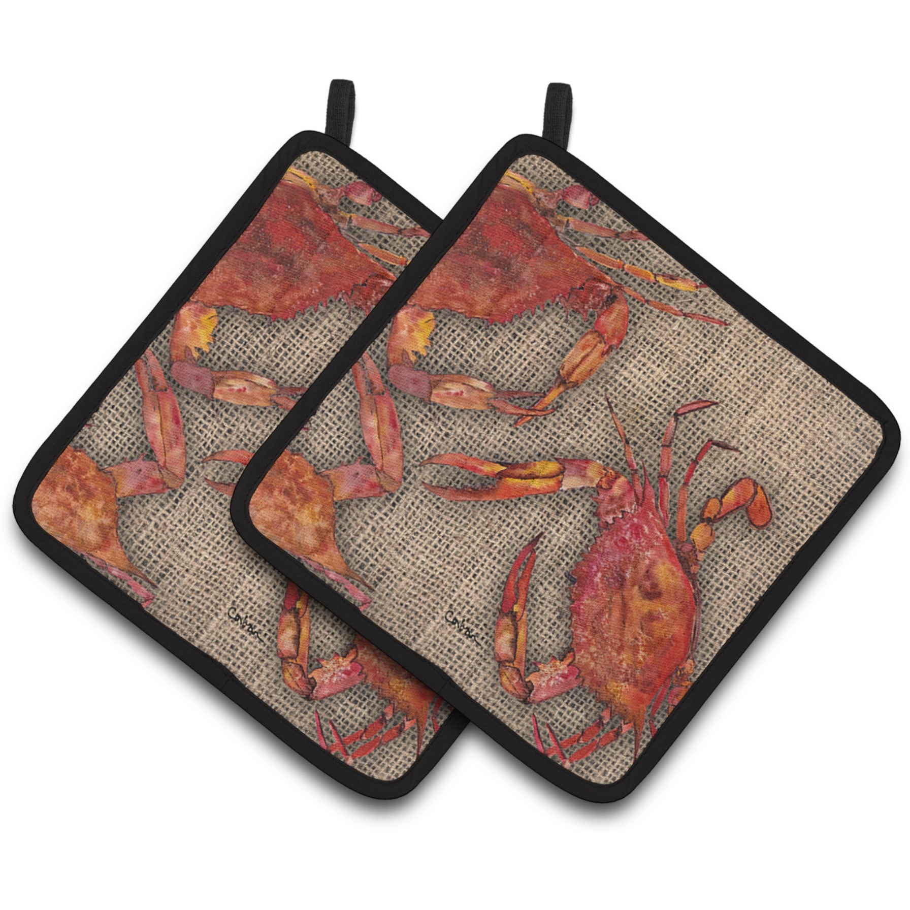 &quotCaroline's Treasures Cooked Crabs On Faux Burlap Pair of Pot Holders 8742PTHD, 7.5HX7.5W, Multicolor"