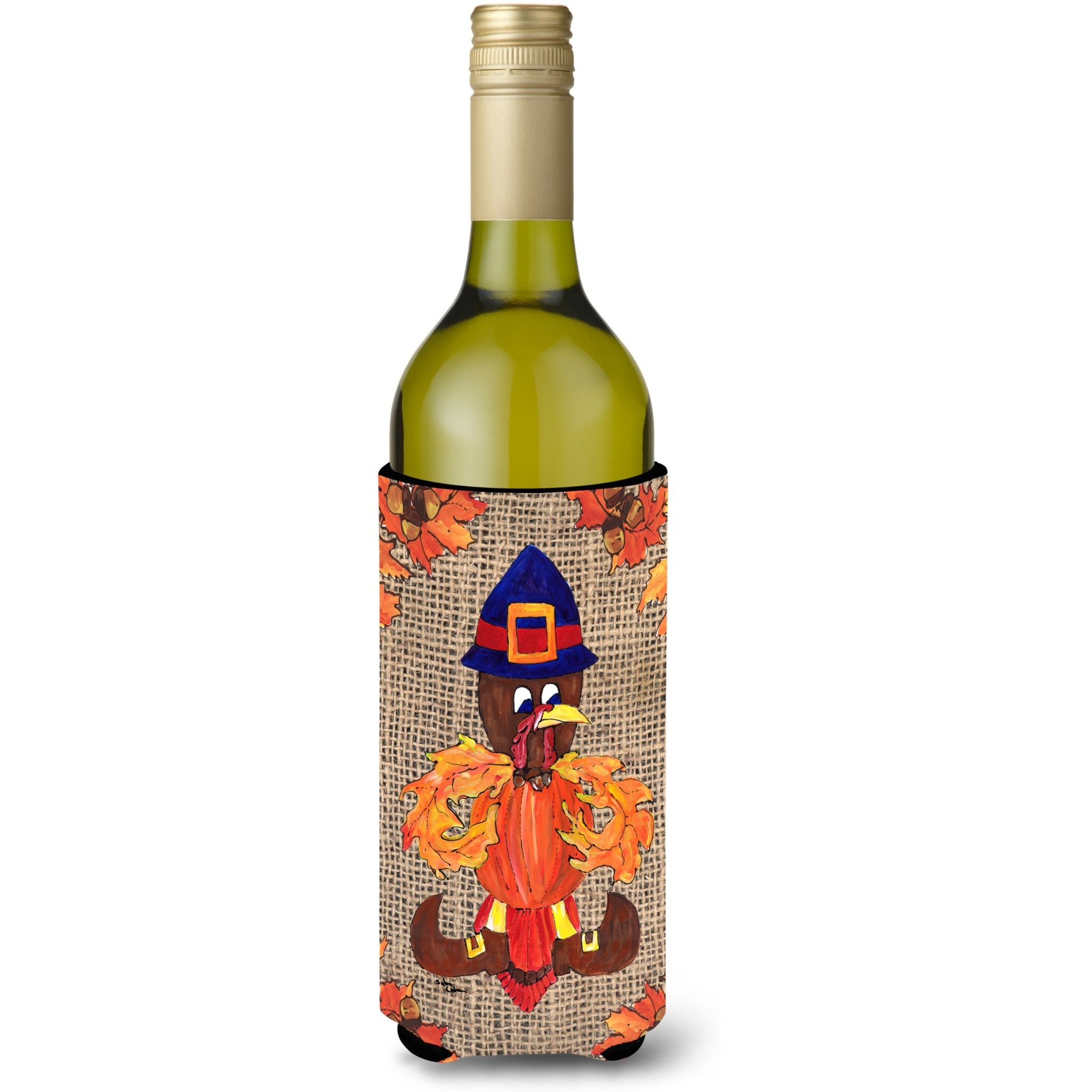 Thanksgiving Turkey Fleur de lis on Faux Burlap Wine Bottle Beverage Insulator Beverage Insulator Hugger