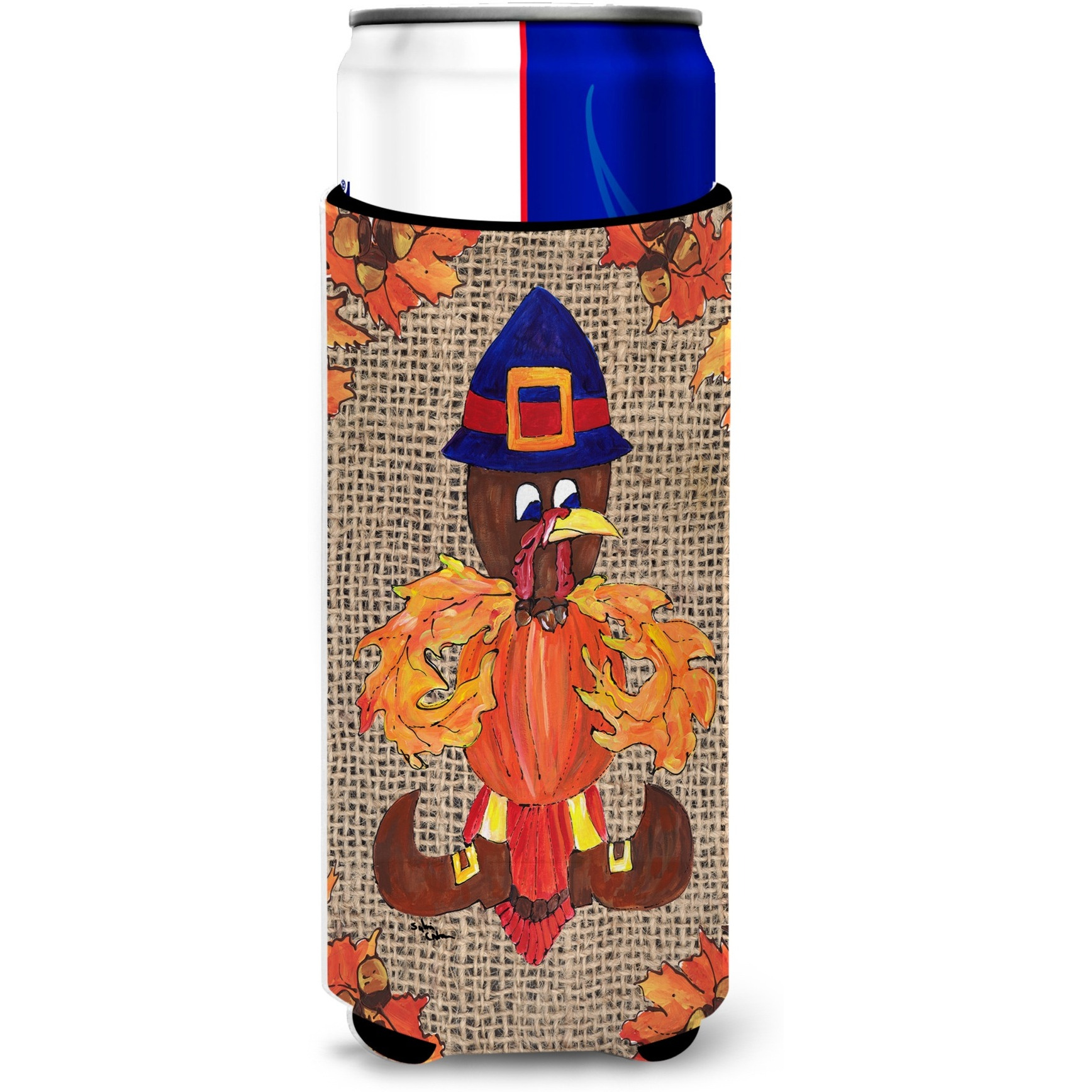 Thanksgiving Turkey Fleur de lis on Faux Burlap Ultra Beverage Insulators for slim cans 8743MUK