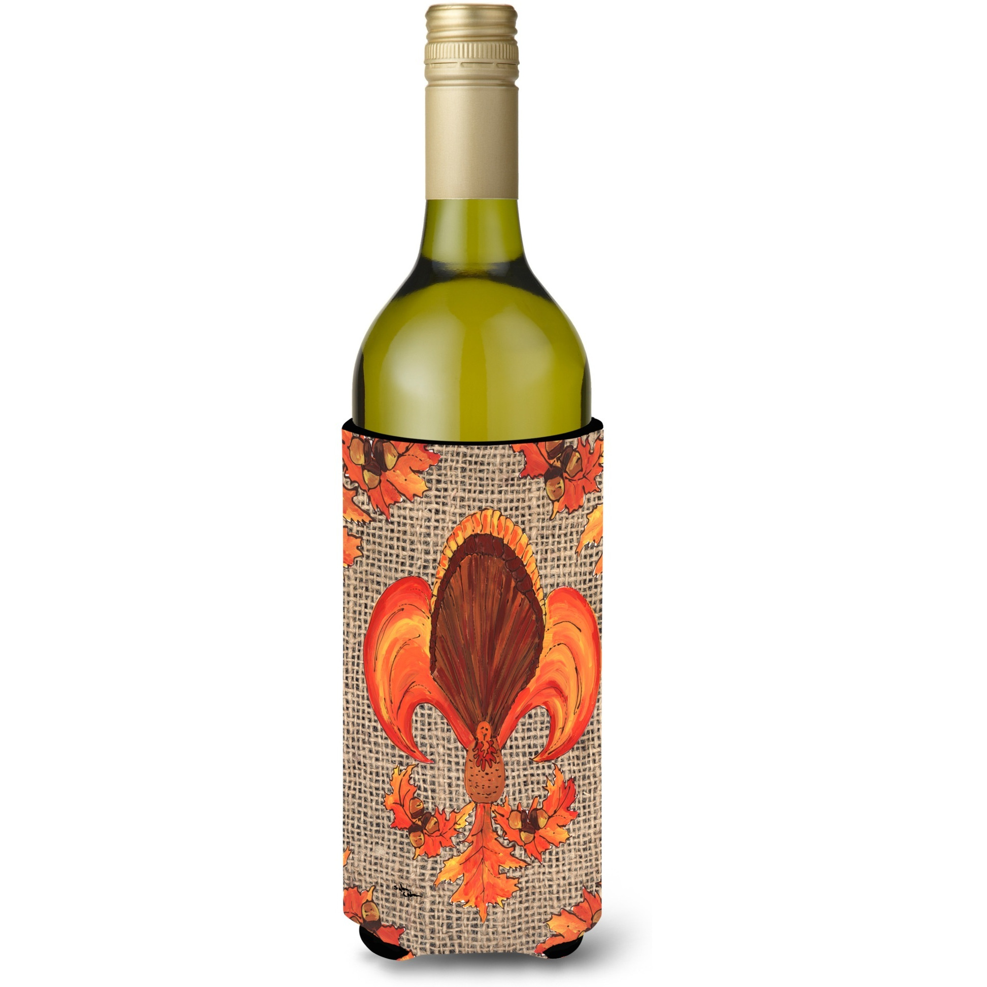 Thanksgiving Turkey Fleur de lis  on Faux Burlap Wine Bottle Beverage Insulator Beverage Insulator Hugger