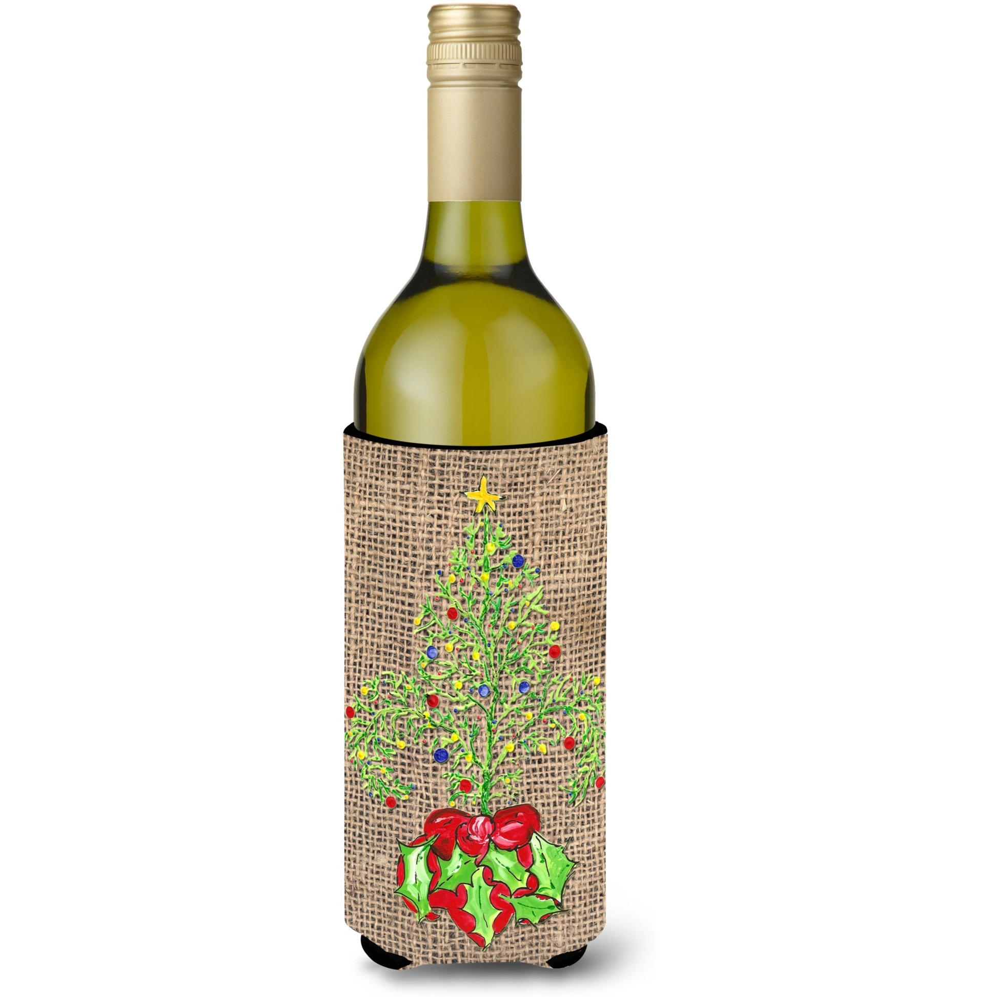 Christmas Tree Fleur de lis on Faux Burlap Wine Bottle Beverage Insulator Beverage Insulator Hugger