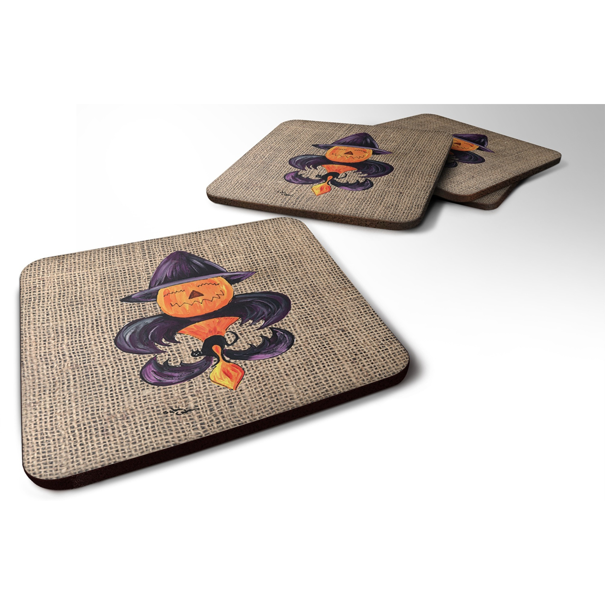 &quotCaroline's Treasures 8748FC Halloween Pumpkin Bat Fleur de lis Foam Coasters (Set of 4), 3.5"" H x 3.5"" W, Multicolor"