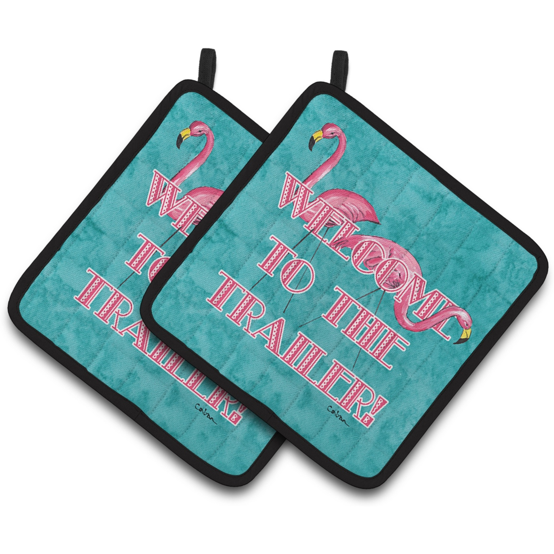 &quotCaroline's Treasures Welcome To The Trailer with Flamingos Pair of Pot Holders 8757PTHD, 7.5HX7.5W, Multicolor"