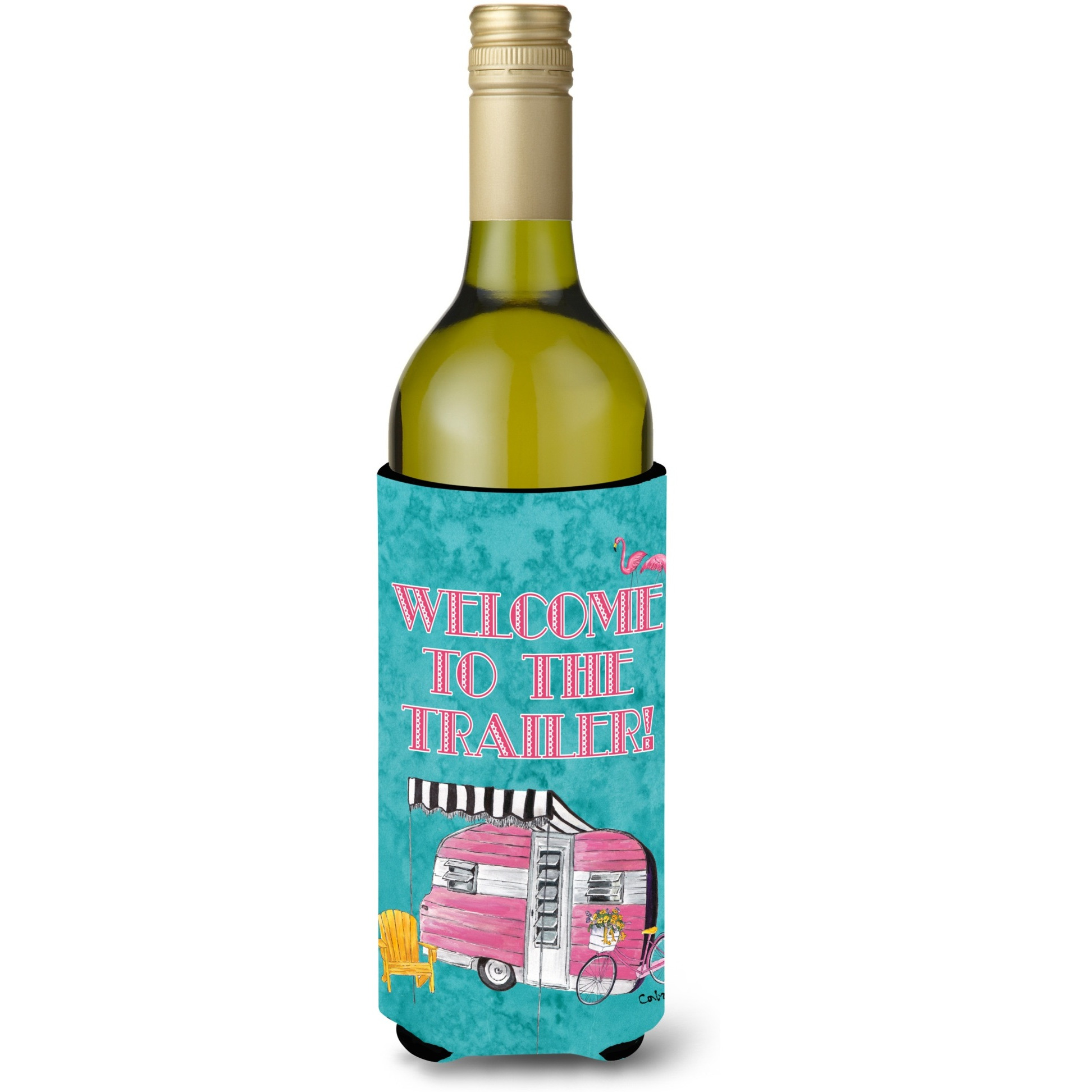 Welcome to the Trailer  Retro Glamping Trailer Wine Bottle Beverage Insulator Beverage Insulator Hugger