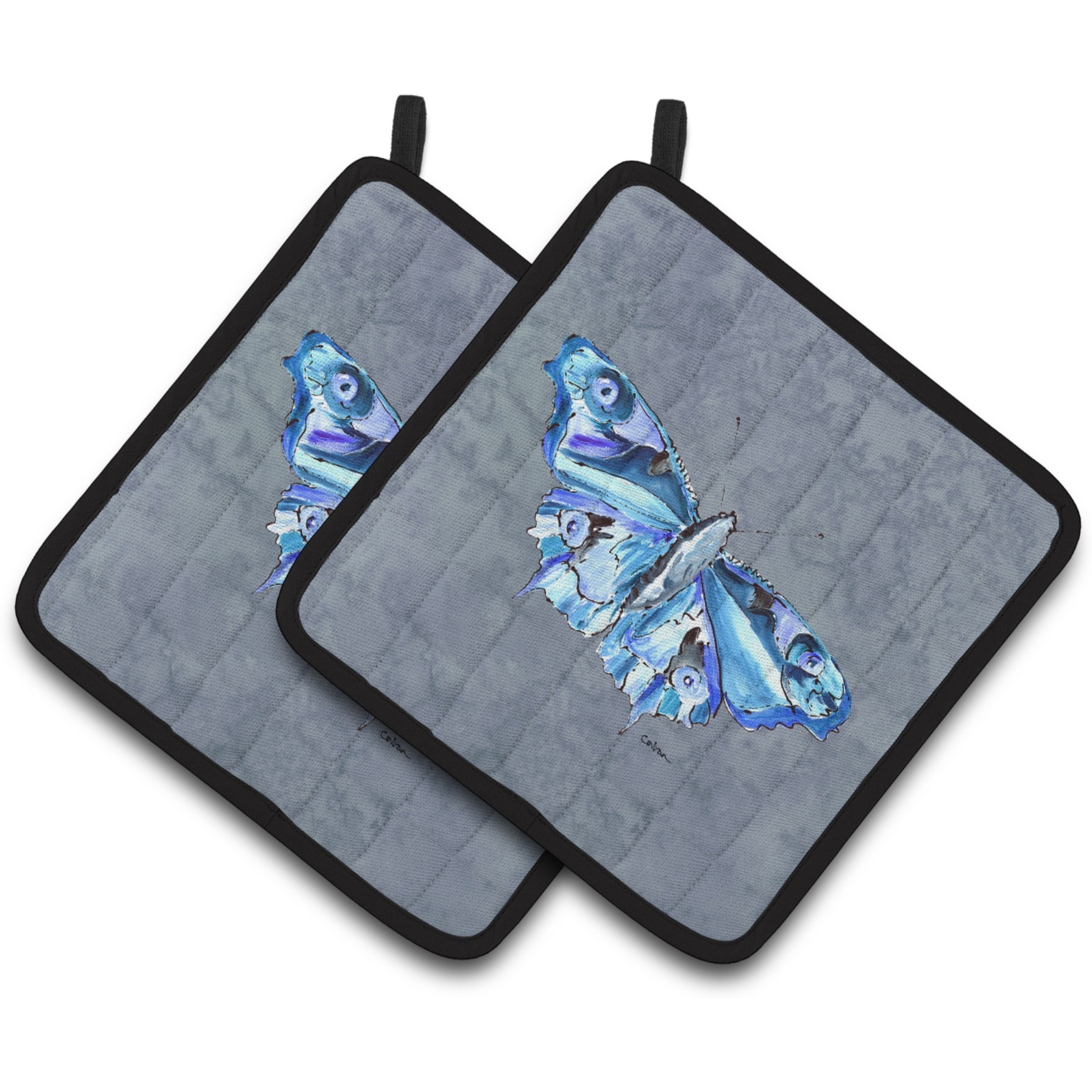 &quotCaroline's Treasures Butterfly On Gray Pair of Pot Holders 8856PTHD, 7.5HX7.5W, Multicolor"