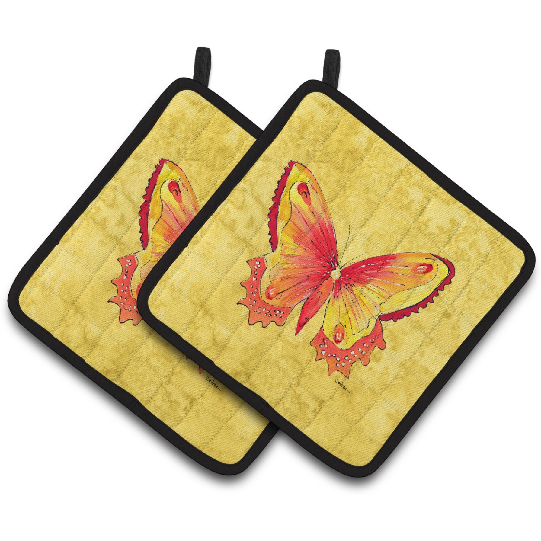 &quotCaroline's Treasures Butterfly On Yellow Pair of Pot Holders 8857PTHD, 7.5HX7.5W, Multicolor"