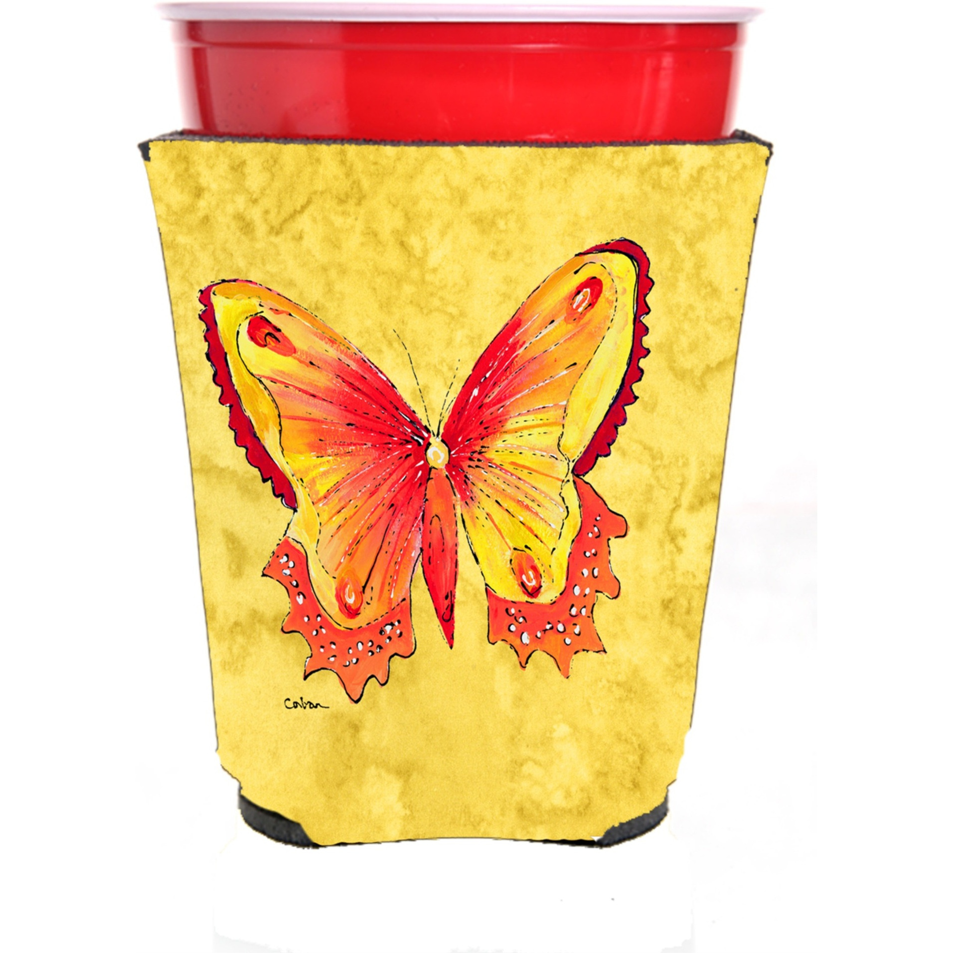 Butterfly on Yellow Red Solo Cup Beverage Insulator Hugger
