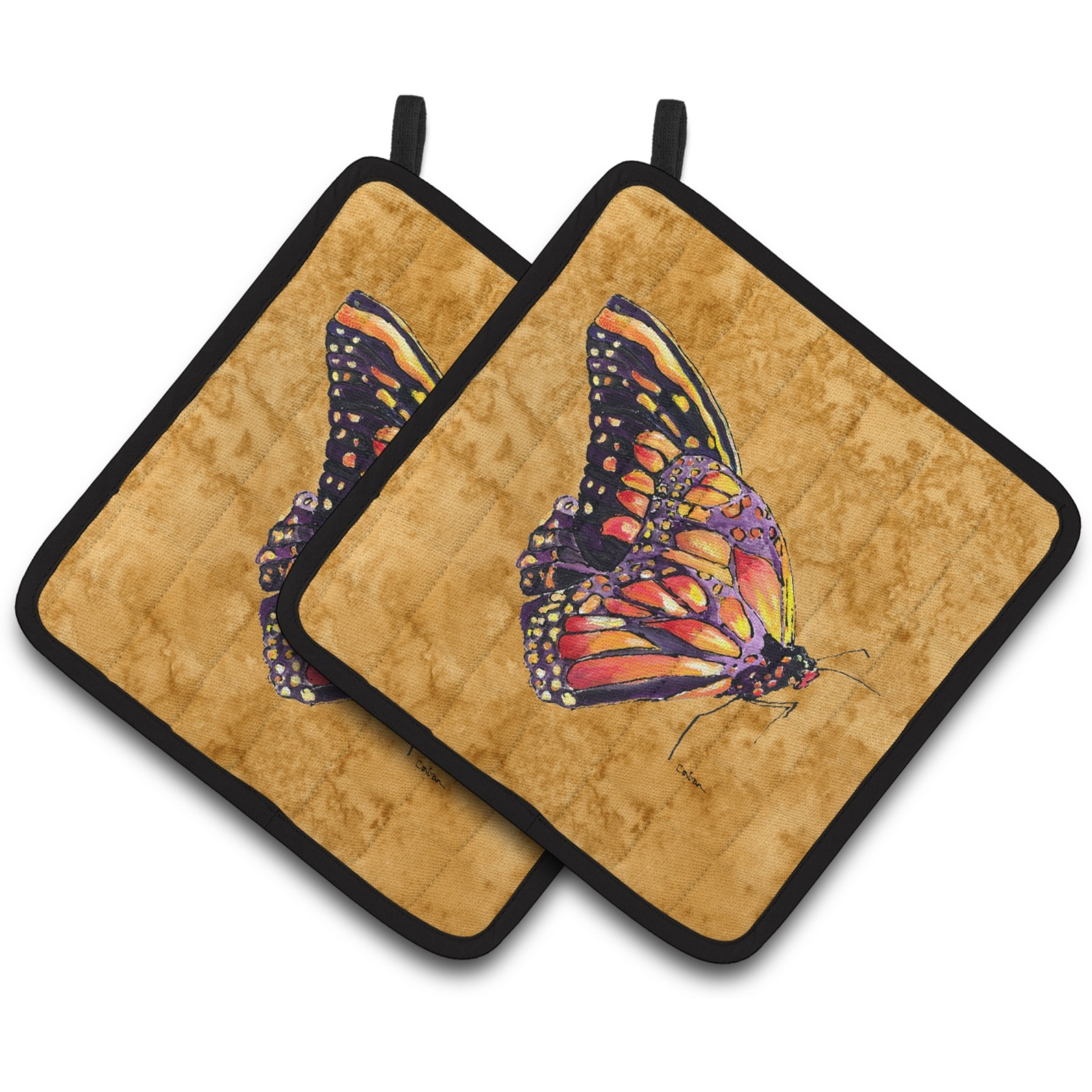 &quotCaroline's Treasures Butterfly On Gold Pair of Pot Holders 8858PTHD, 7.5HX7.5W, Multicolor"