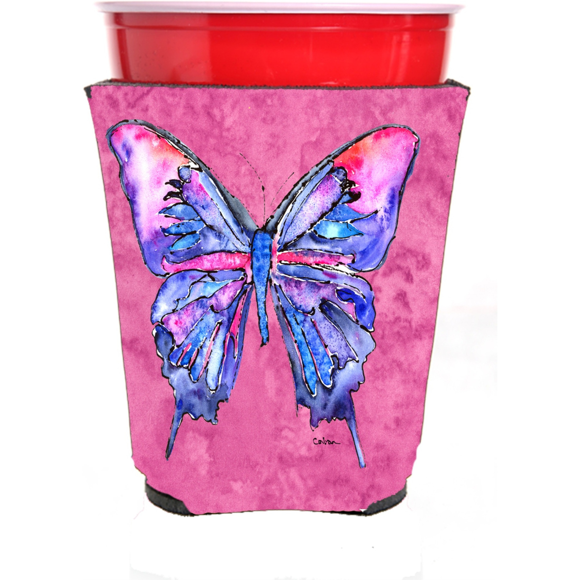 Butterfly on Pink Red Solo Cup Beverage Insulator Hugger