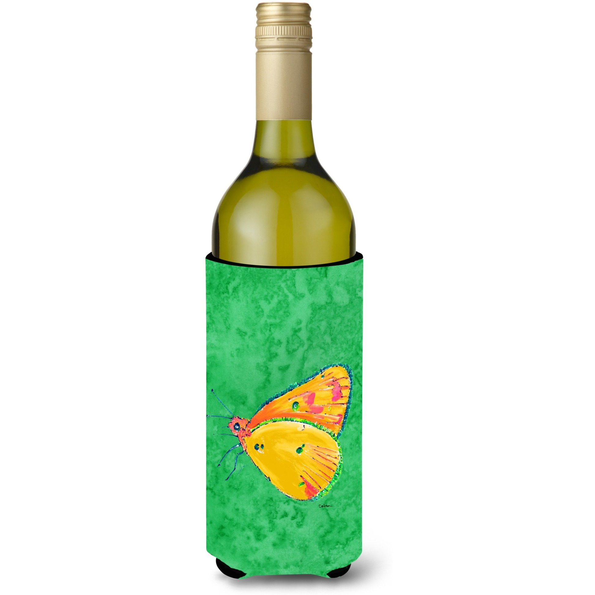 Butterfly Orange on Green Wine Bottle Beverage Insulator Beverage Insulator Hugger