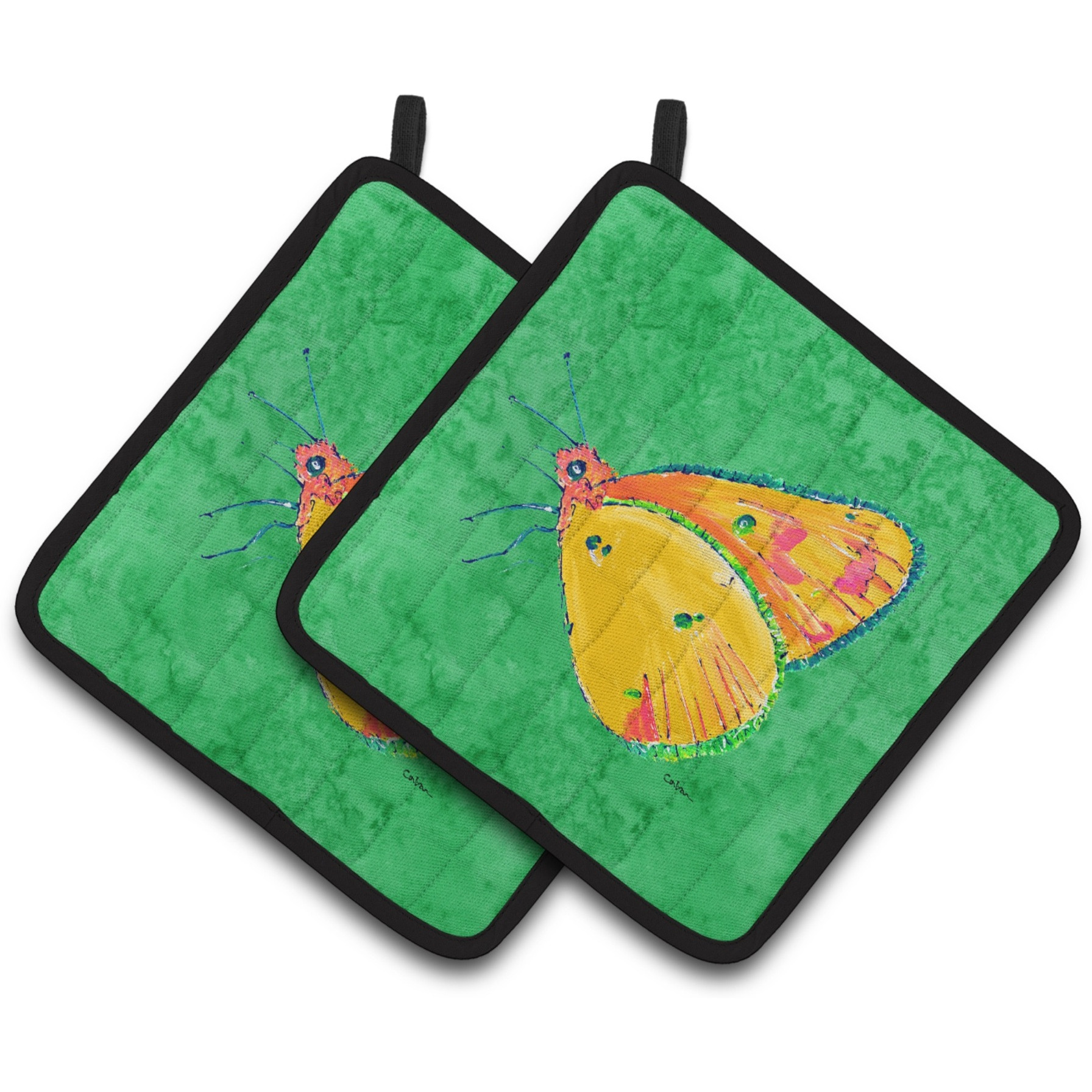 &quotCaroline's Treasures Butterfly Orange On green Pair of Pot Holders 8861PTHD, 7.5HX7.5W, Multicolor"