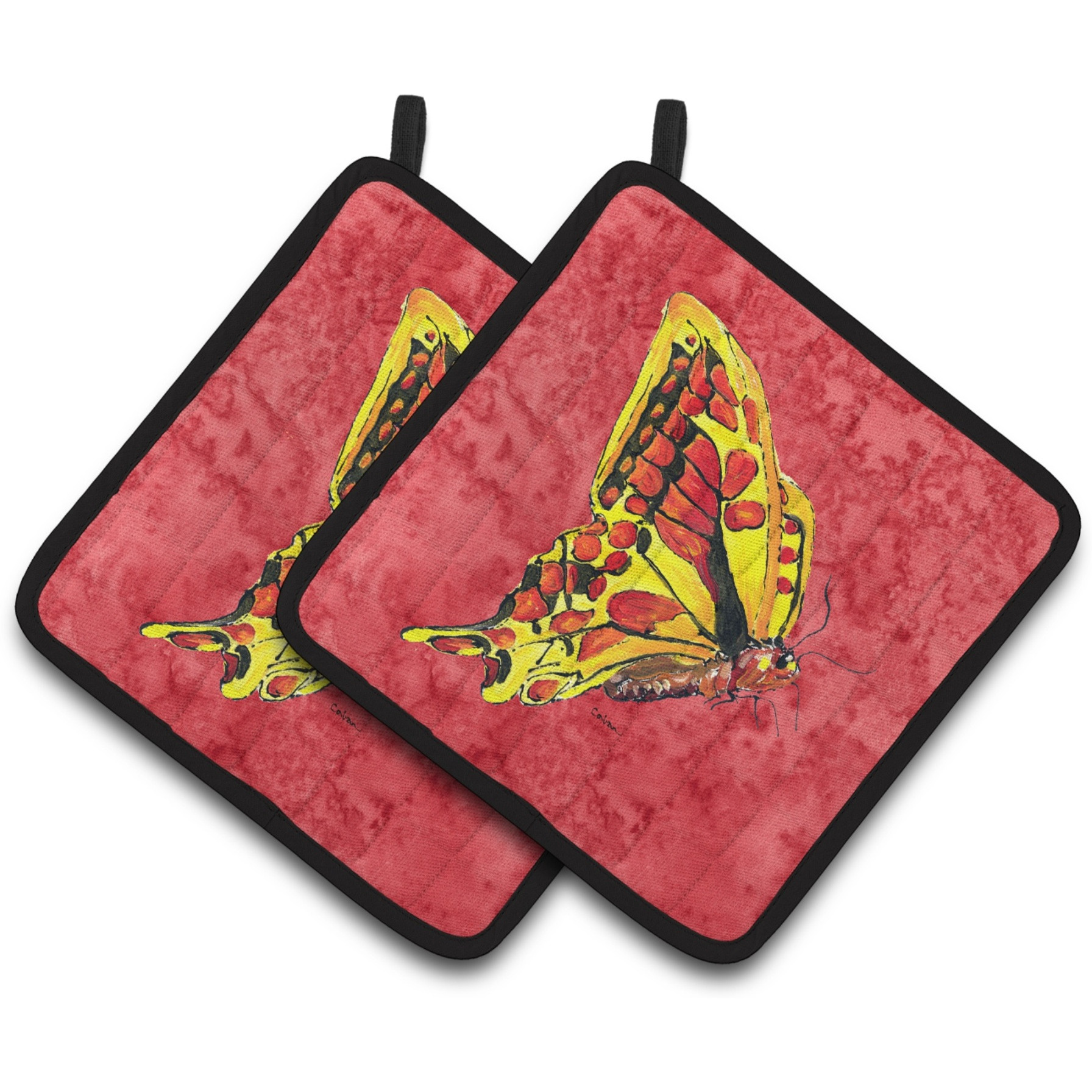 &quotCaroline's Treasures Butterfly On Red Pair of Pot Holders 8862PTHD, 7.5HX7.5W, Multicolor"