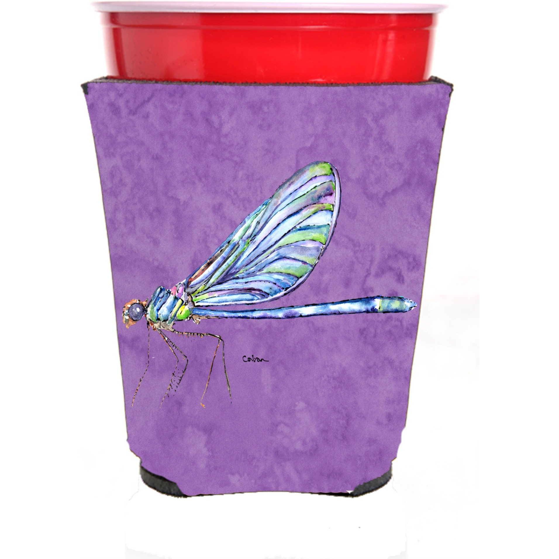 Dragonfly on Purple Red Solo Cup Beverage Insulator Hugger