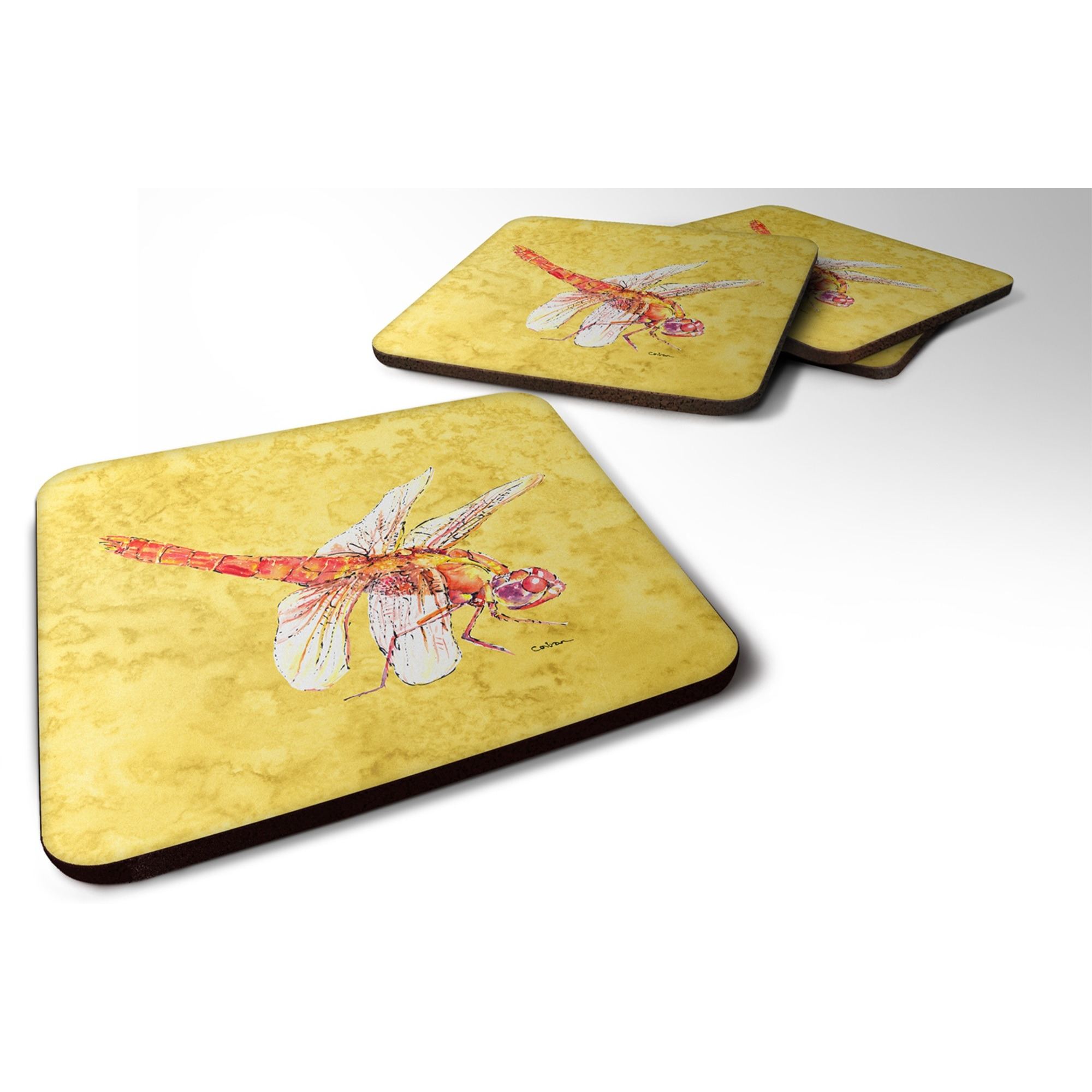 &quotCaroline's Treasures 8866FC Dragonfly on Yellow Foam Coasters (Set of 4), 3.5"" H x 3.5"" W, Multicolor"