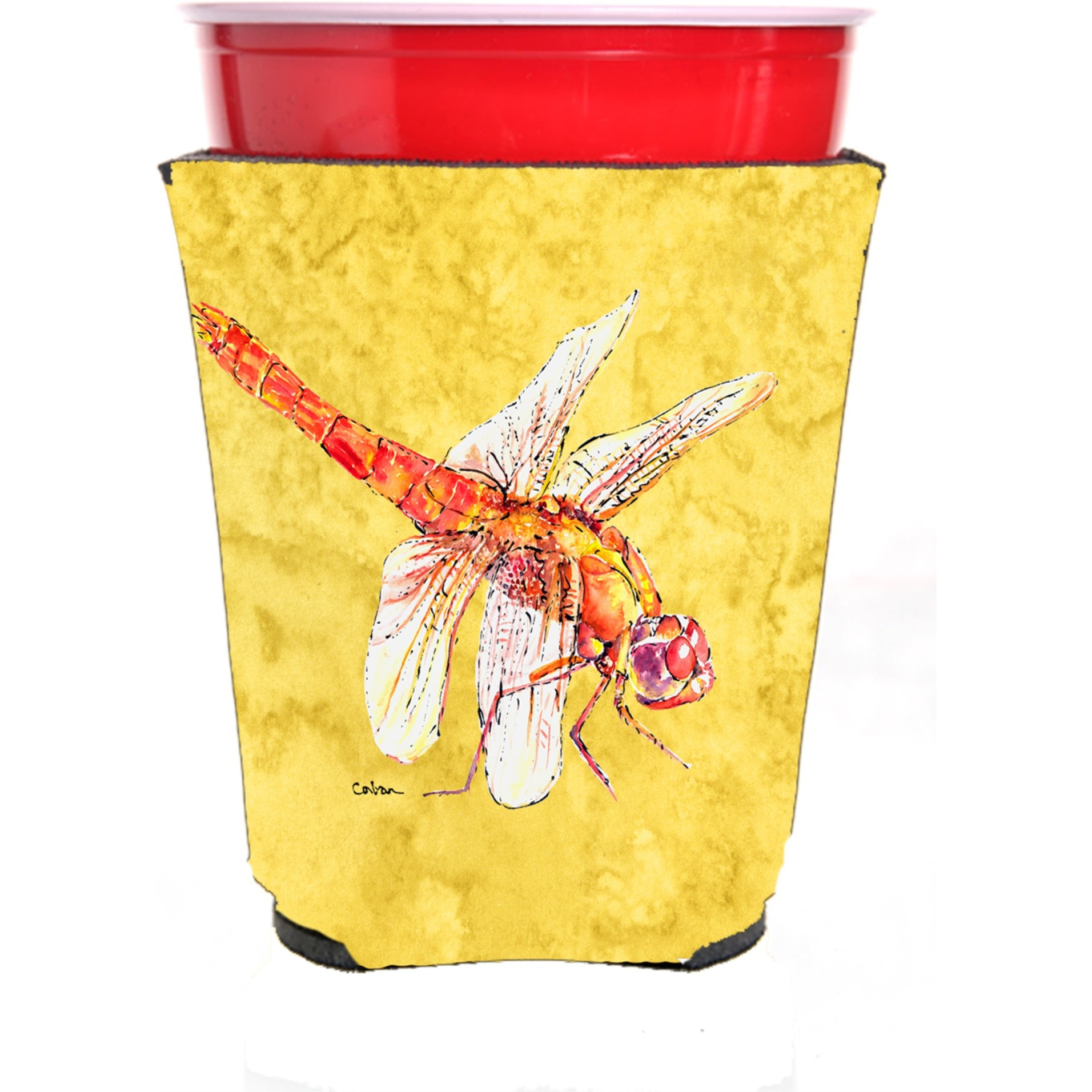 Dragonfly on Yellow Red Solo Cup Beverage Insulator Hugger