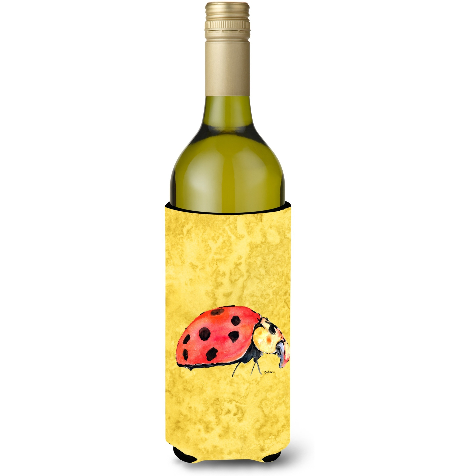 Lady Bug on Yellow Wine Bottle Beverage Insulator Beverage Insulator Hugger