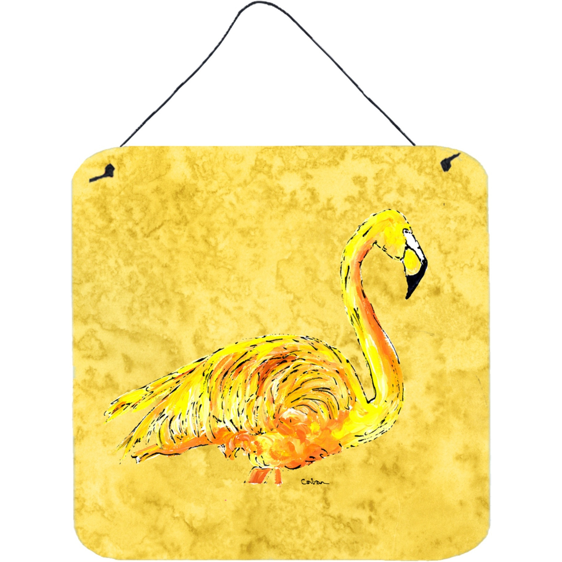 &quotCaroline's Treasures Flamingo on Yellow Aluminum Metal Wall or Door Hanging Prints, 6 x 6"", Multicolor"