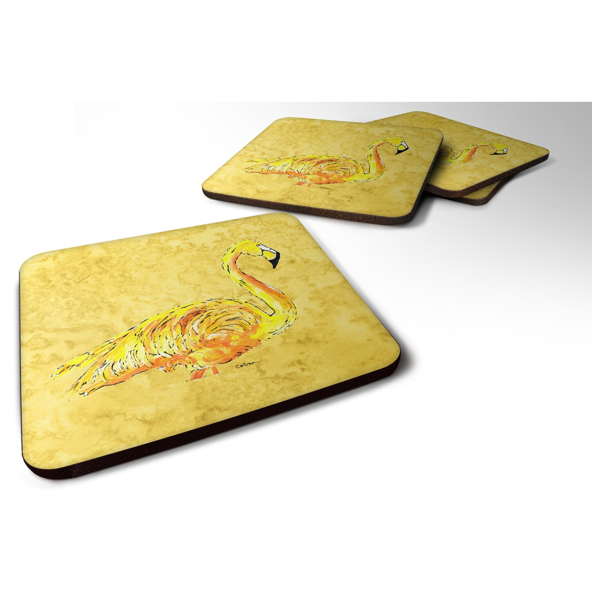 &quotCaroline's Treasures 8872FC Flamingo on Yellow Foam Coasters (Set of 4), 3.5"" H x 3.5"" W, Multicolor"