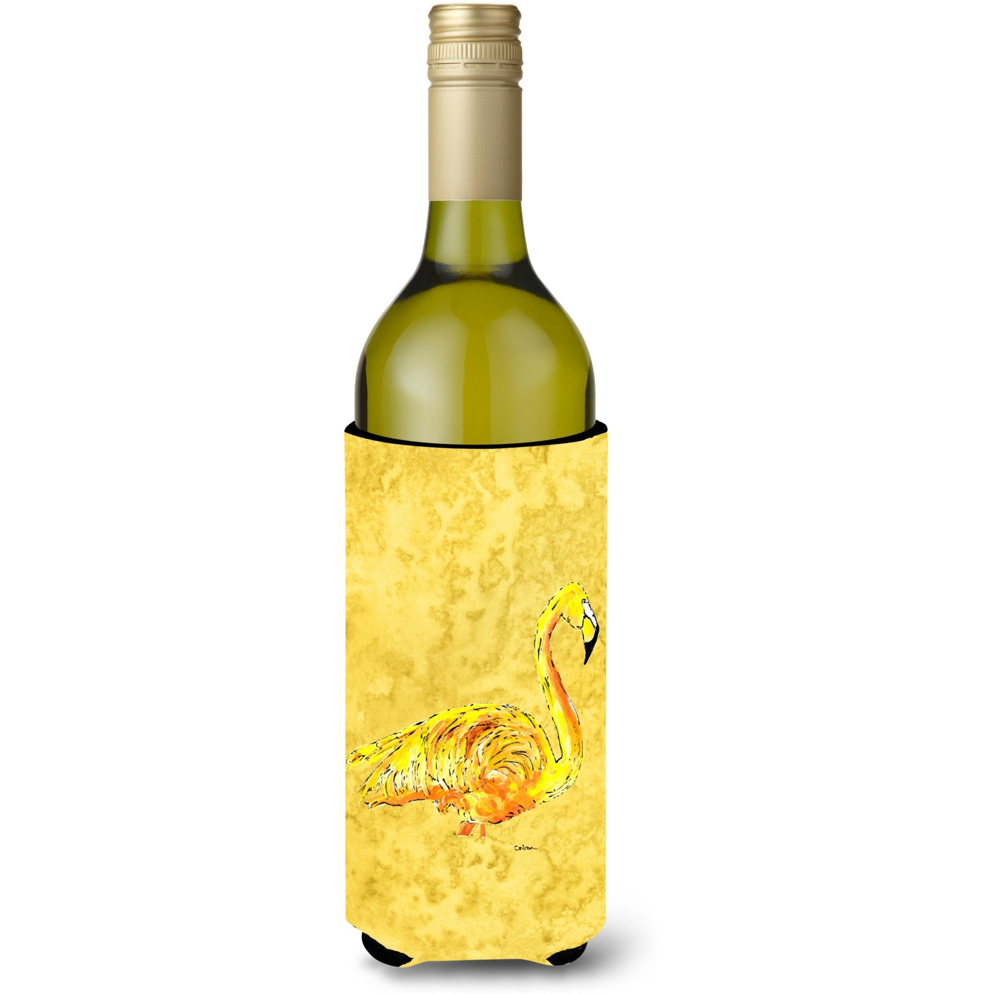 Flamingo on Yellow Wine Bottle Beverage Insulator Beverage Insulator Hugger