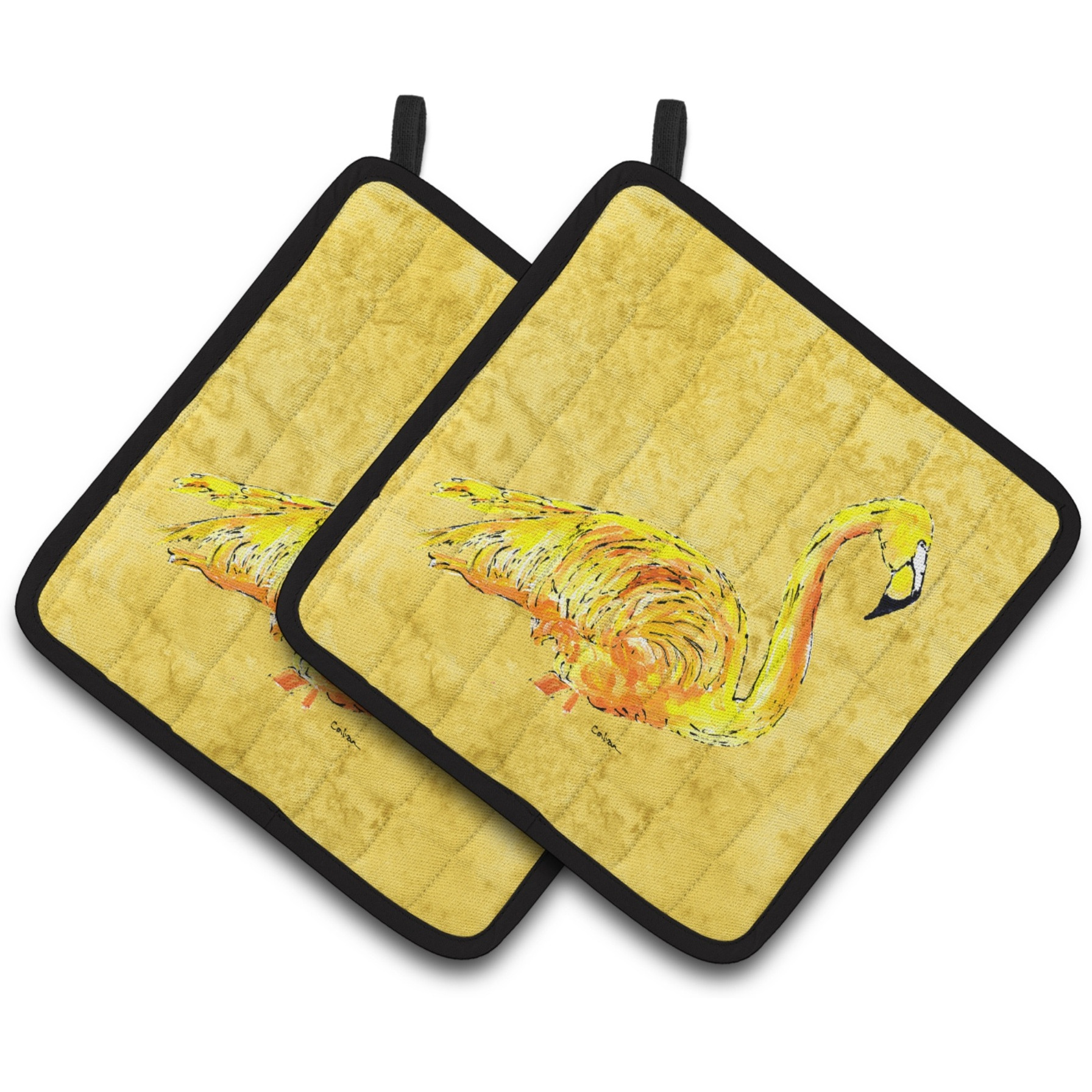 &quotCaroline's Treasures Flamingo On Yellow Pair of Pot Holders 8872PTHD, 7.5HX7.5W, Multicolor"