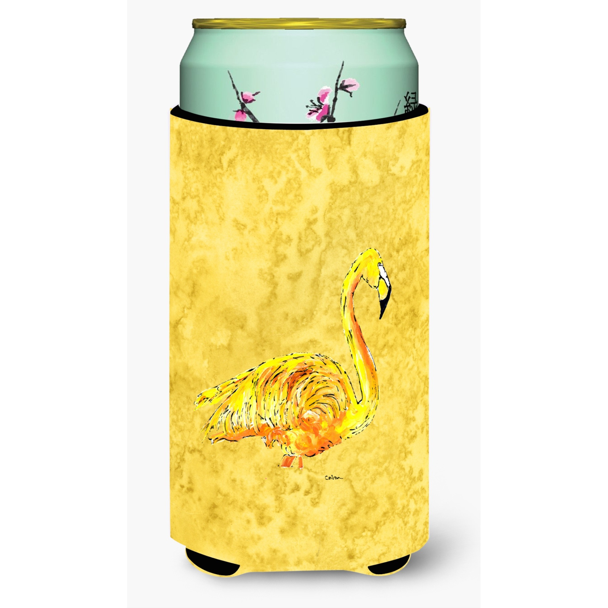 Flamingo on Yellow  Tall Boy Beverage Insulator Beverage Insulator Hugger