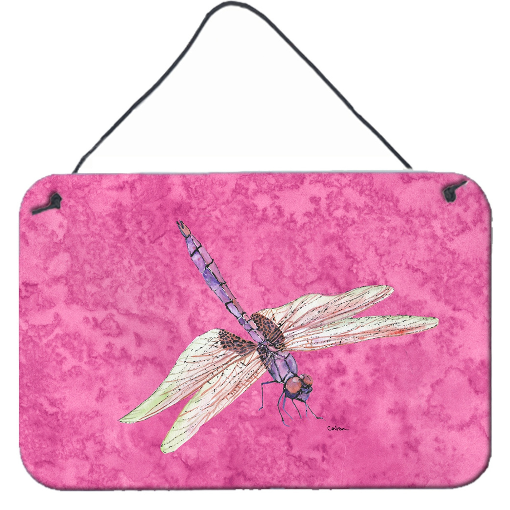 &quotCaroline's Treasures Dragonfly on Pink Aluminum Metal Wall or Door Hanging Prints, 8 x 12"""