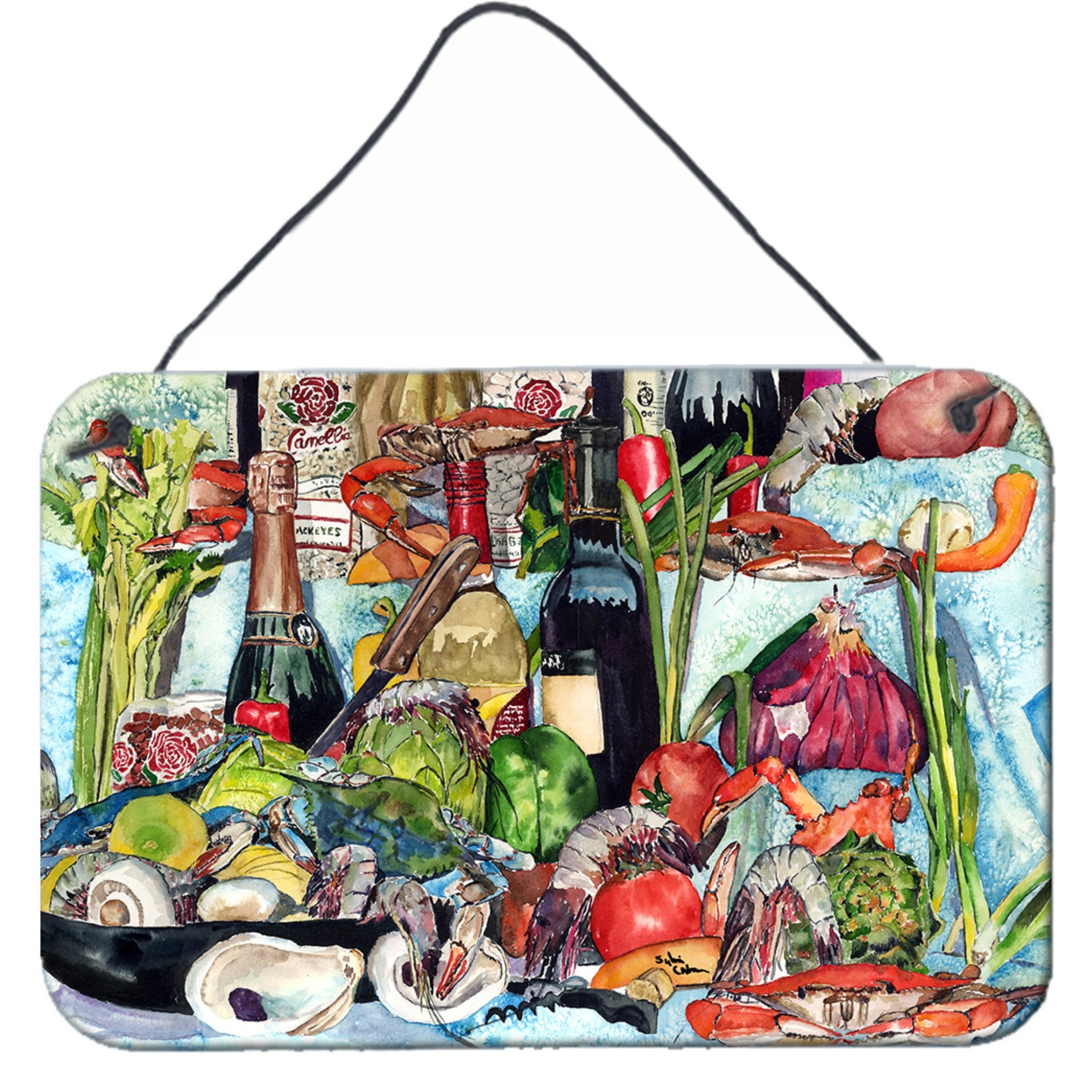&quotCaroline's Treasures Wine Crab Shrimp and Oysters Aluminum Metal Wall or Door Hanging Prints, 8 x 12"""