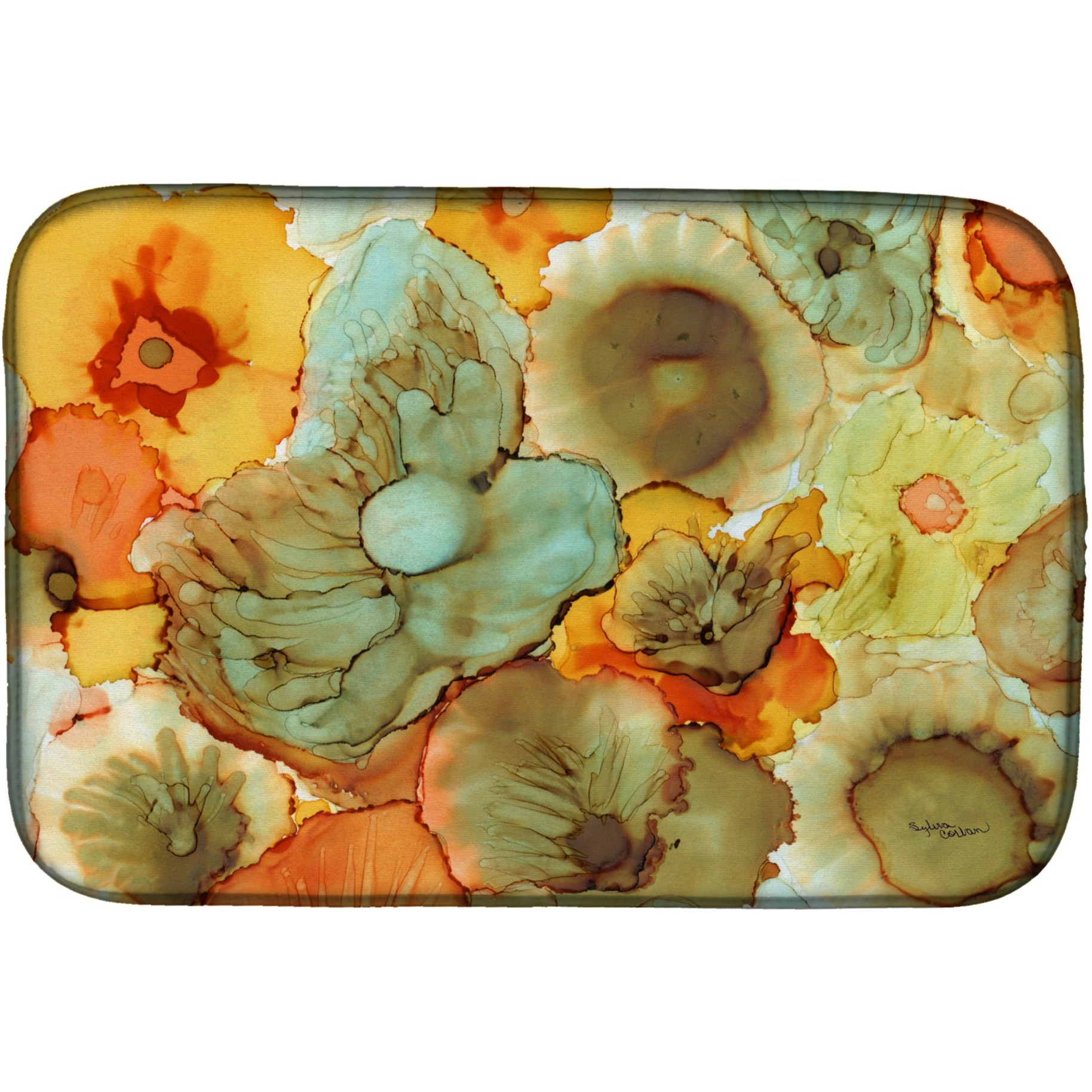 &quotCaroline's Treasures Abstract Flowers Teal And Orange Dish Drying Mat, 14"" x 21"", Multicolor"