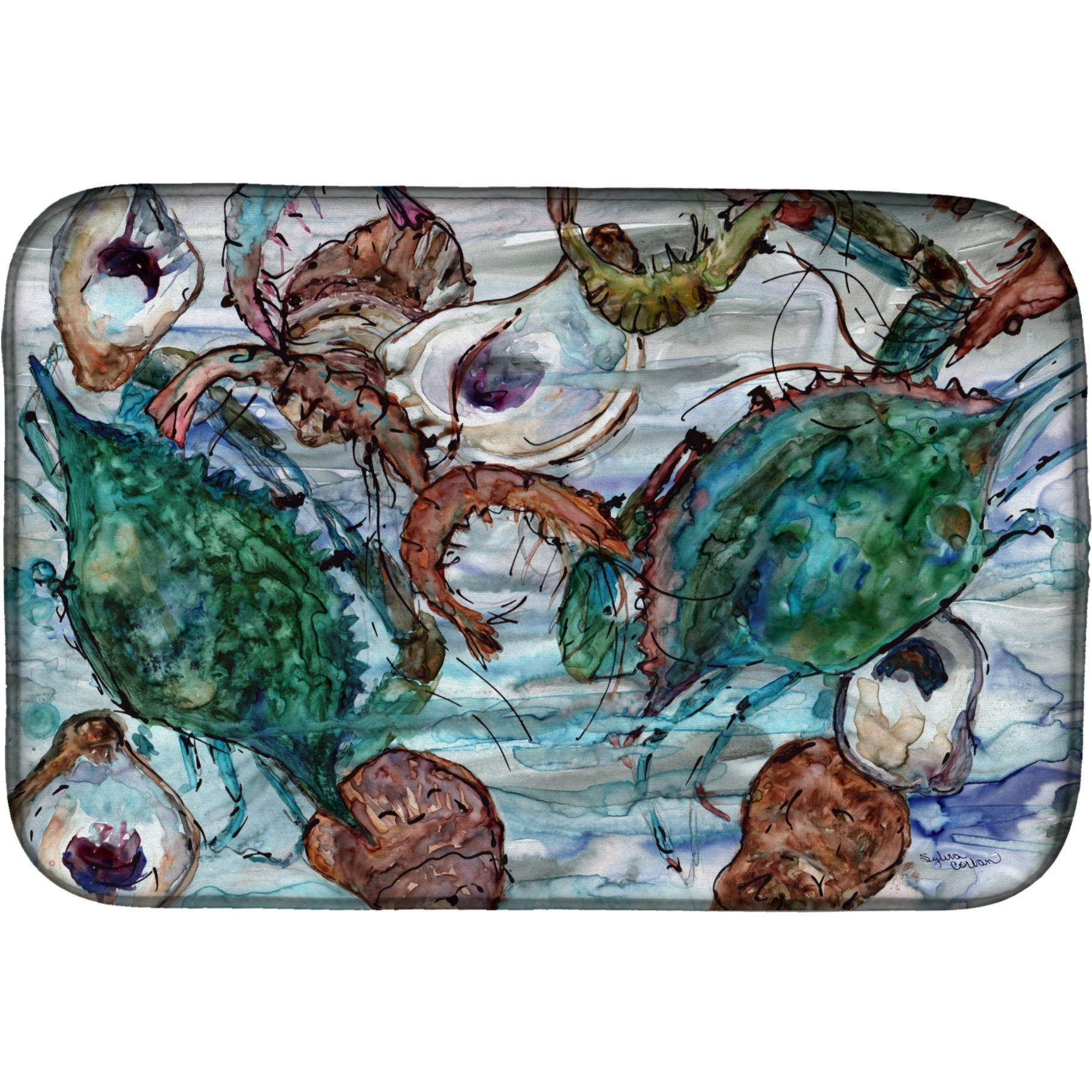 &quotCaroline's Treasures Shrimp, Crabs and Oysters in water Dish Drying Mat, 14 x 21, Multicolor"