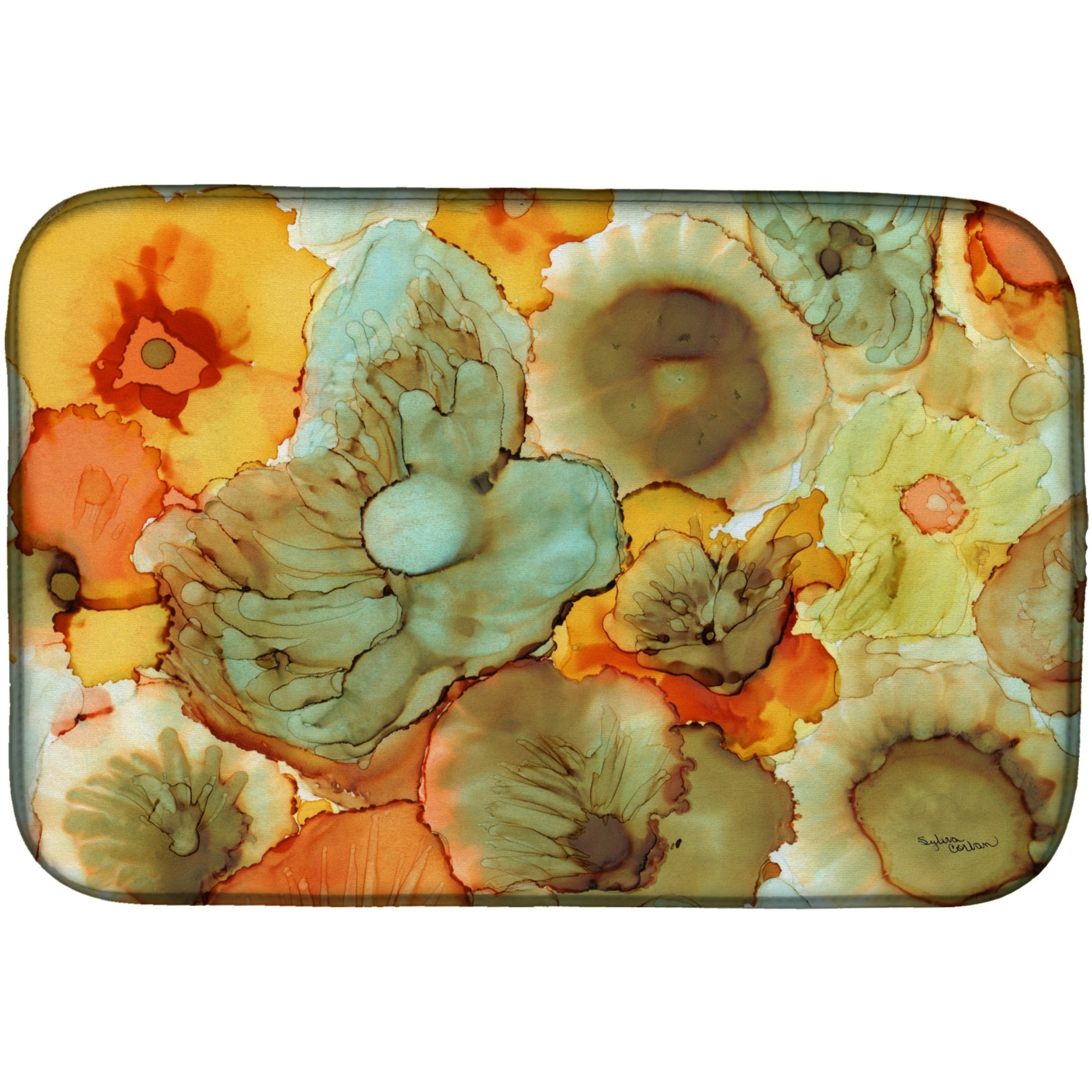 &quotCaroline's Treasures Abstract Flowers Teal and Orange Dish Drying Mat, 14"" x 21"", Multicolor"